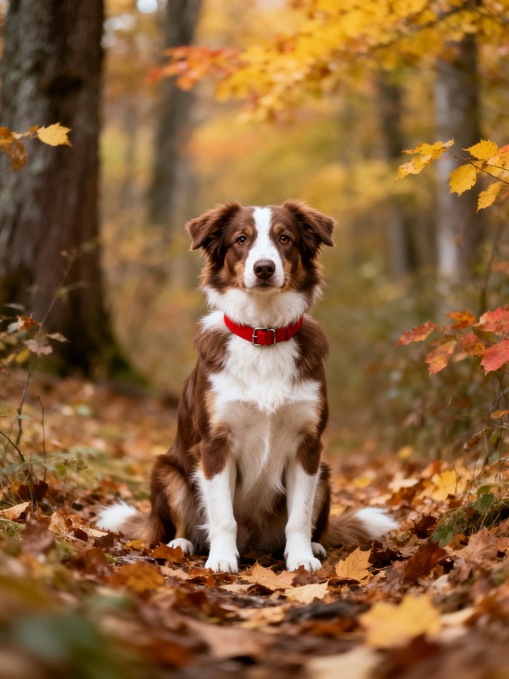 A dog with a red collar sits calmly among fallen autumn leaves in a wooded area.