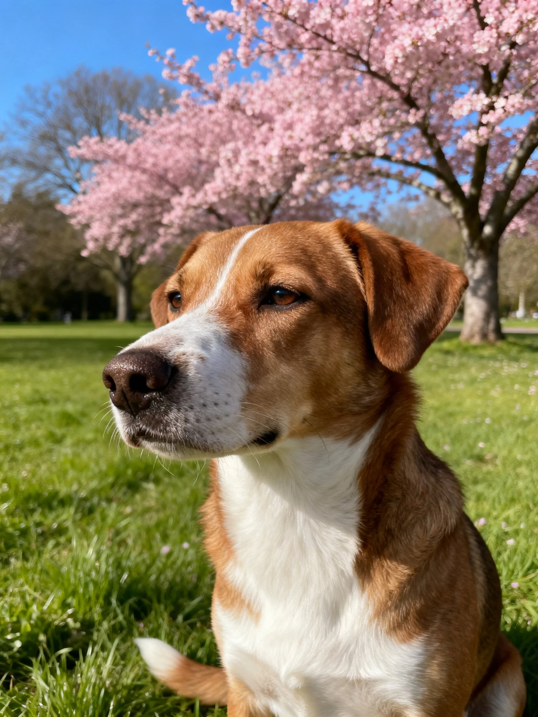 A brown and white dog relaxes in a park with blooming cherry blossom trees