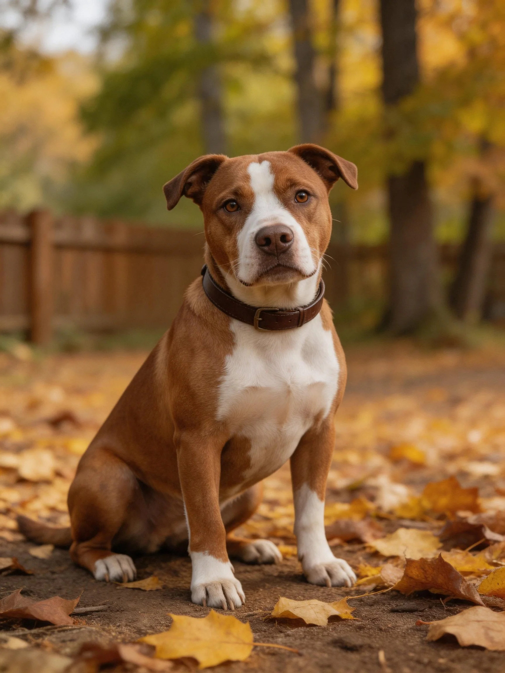 A brown and white dog sits calmly among fallen autumn leaves in an outdoor setting.