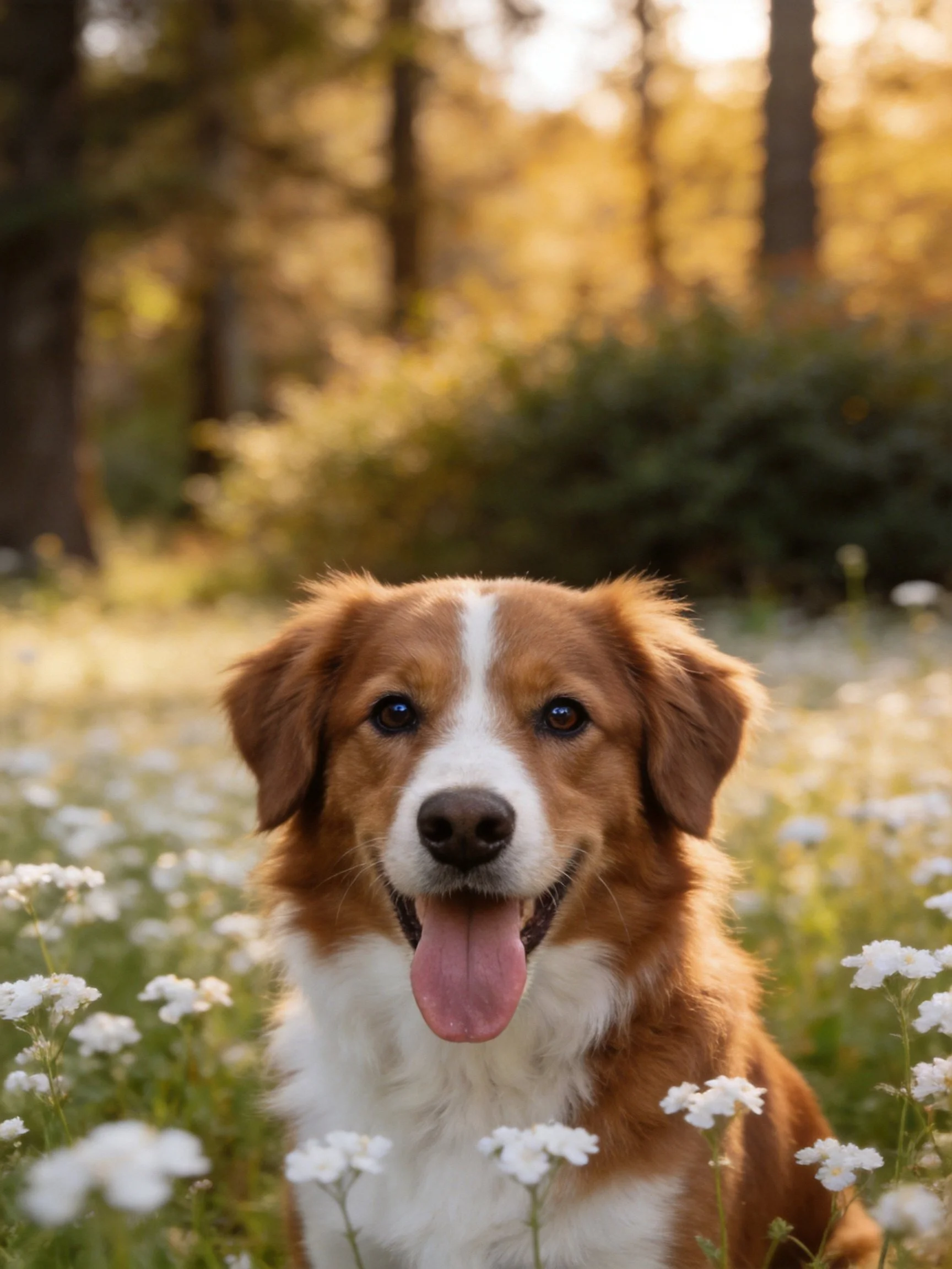 A brown and white dog relaxes amid white wildflowers in a sunlit forest setting.