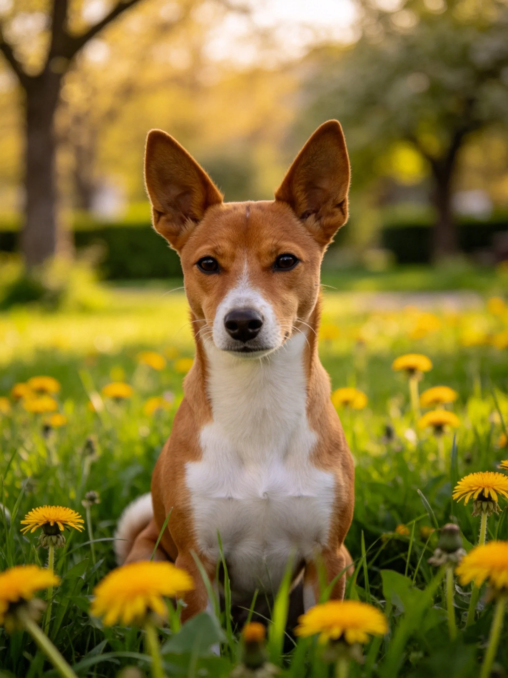 A brown and white dog sits in a sunlit meadow with yellow flowers.