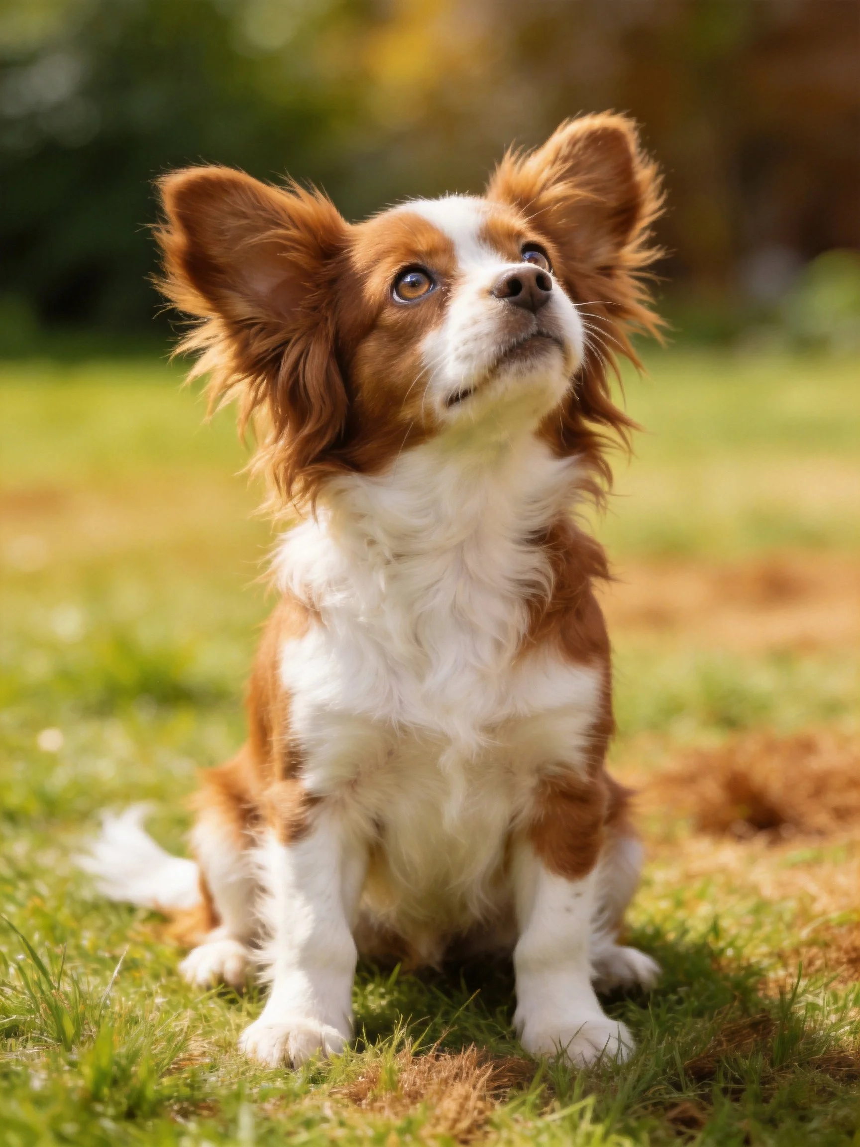 A brown and white dog sits attentively on green grass