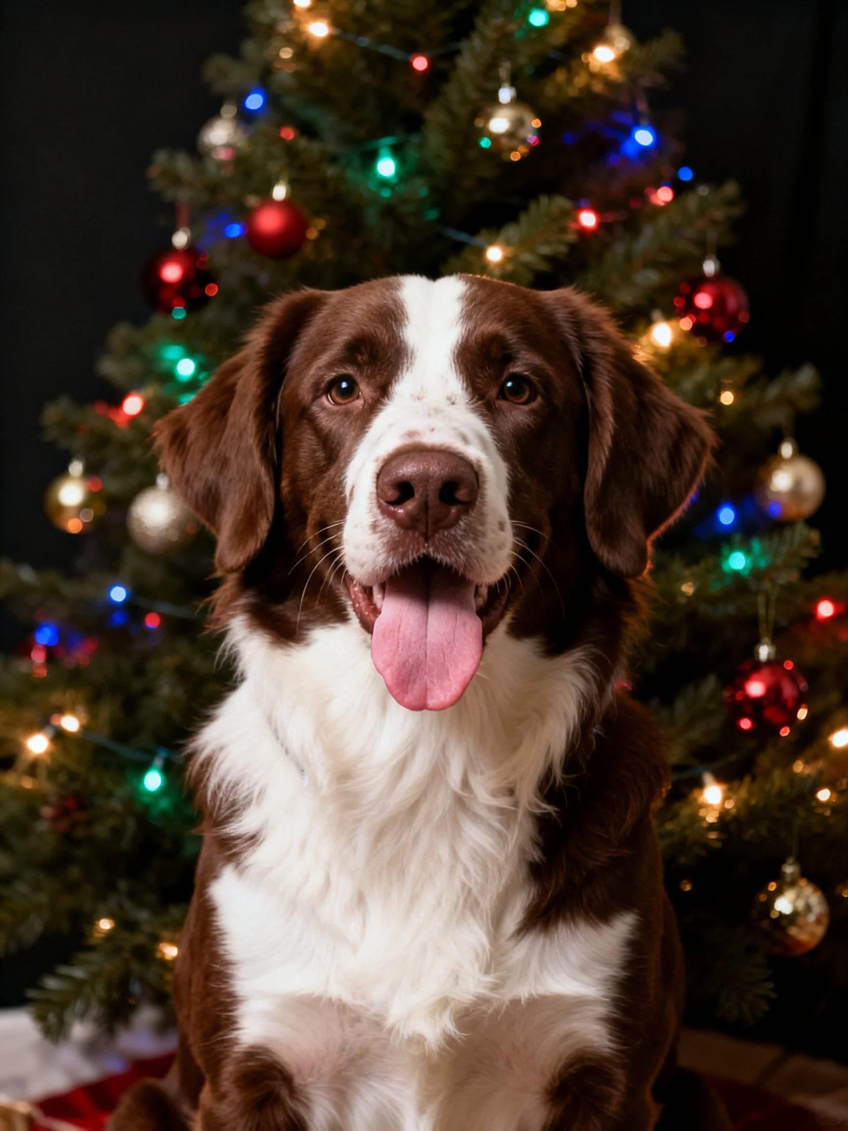 A brown and white dog sits beside a decorated Christmas tree with colorful lights