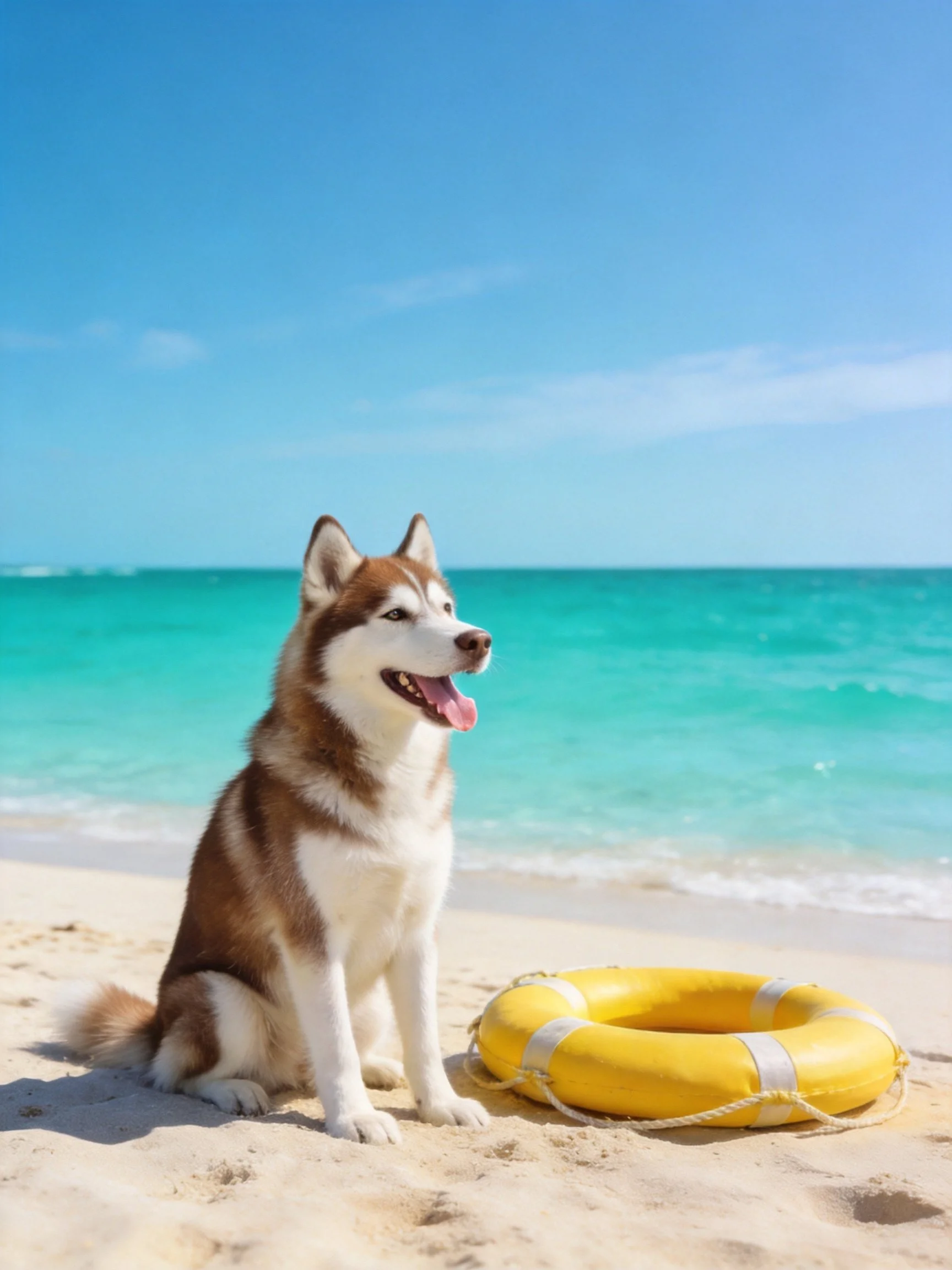 A dog sits near a life preserver on a sunny beach by the turquoise sea