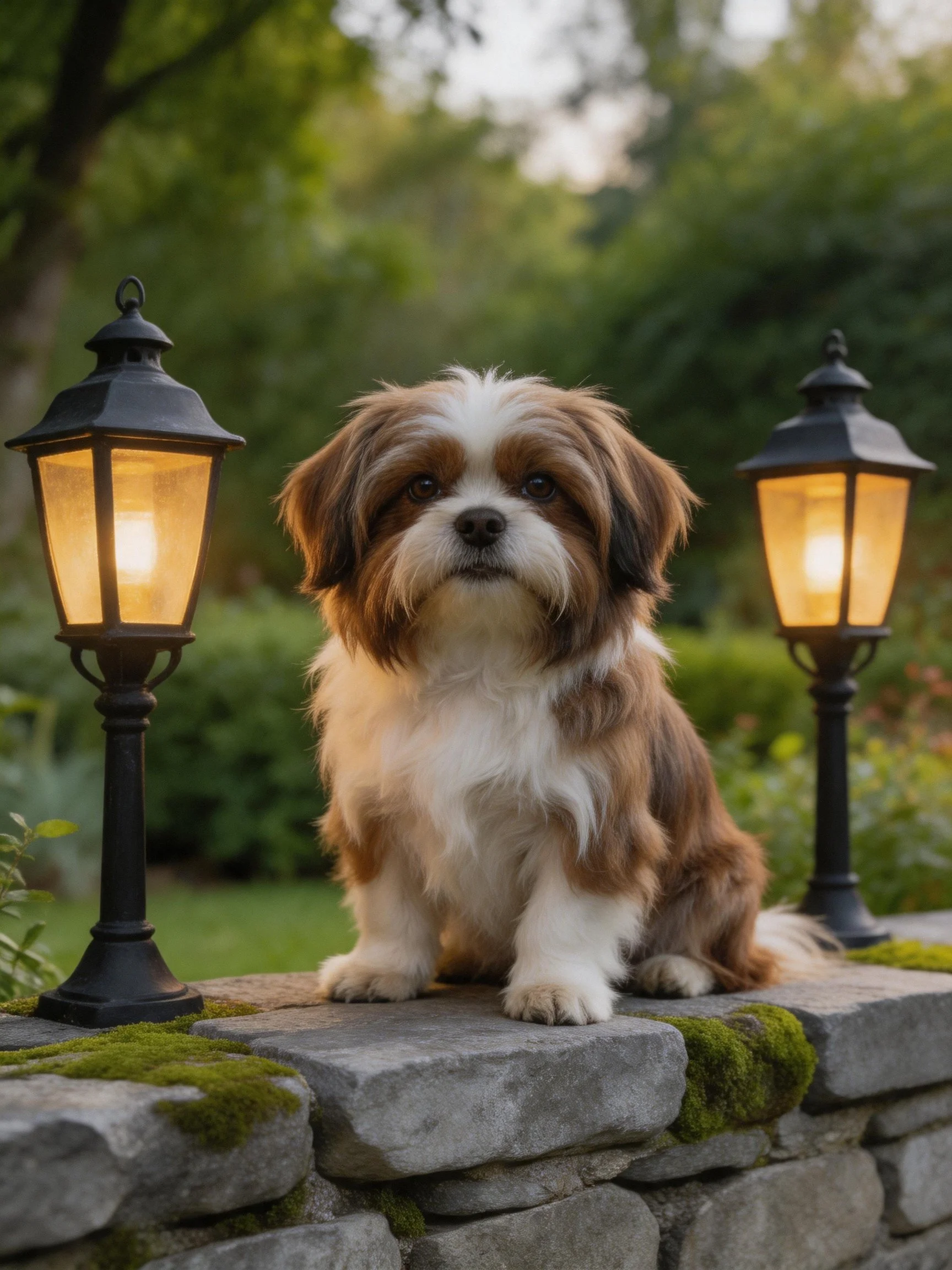 A small brown and white dog rests near two illuminated outdoor lamps in a lush garden.