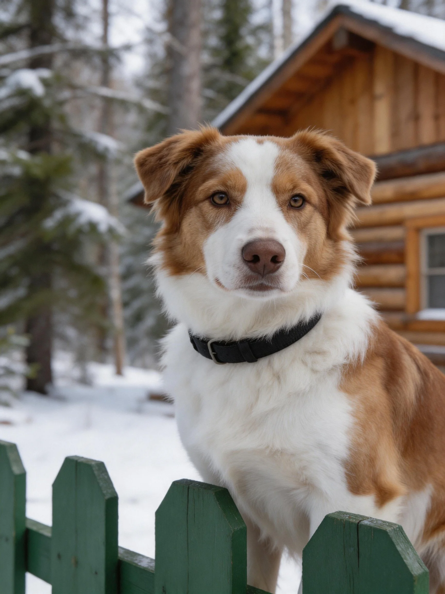 A brown and white dog sits by a green fence with a wooden cabin and snowy trees in the background.