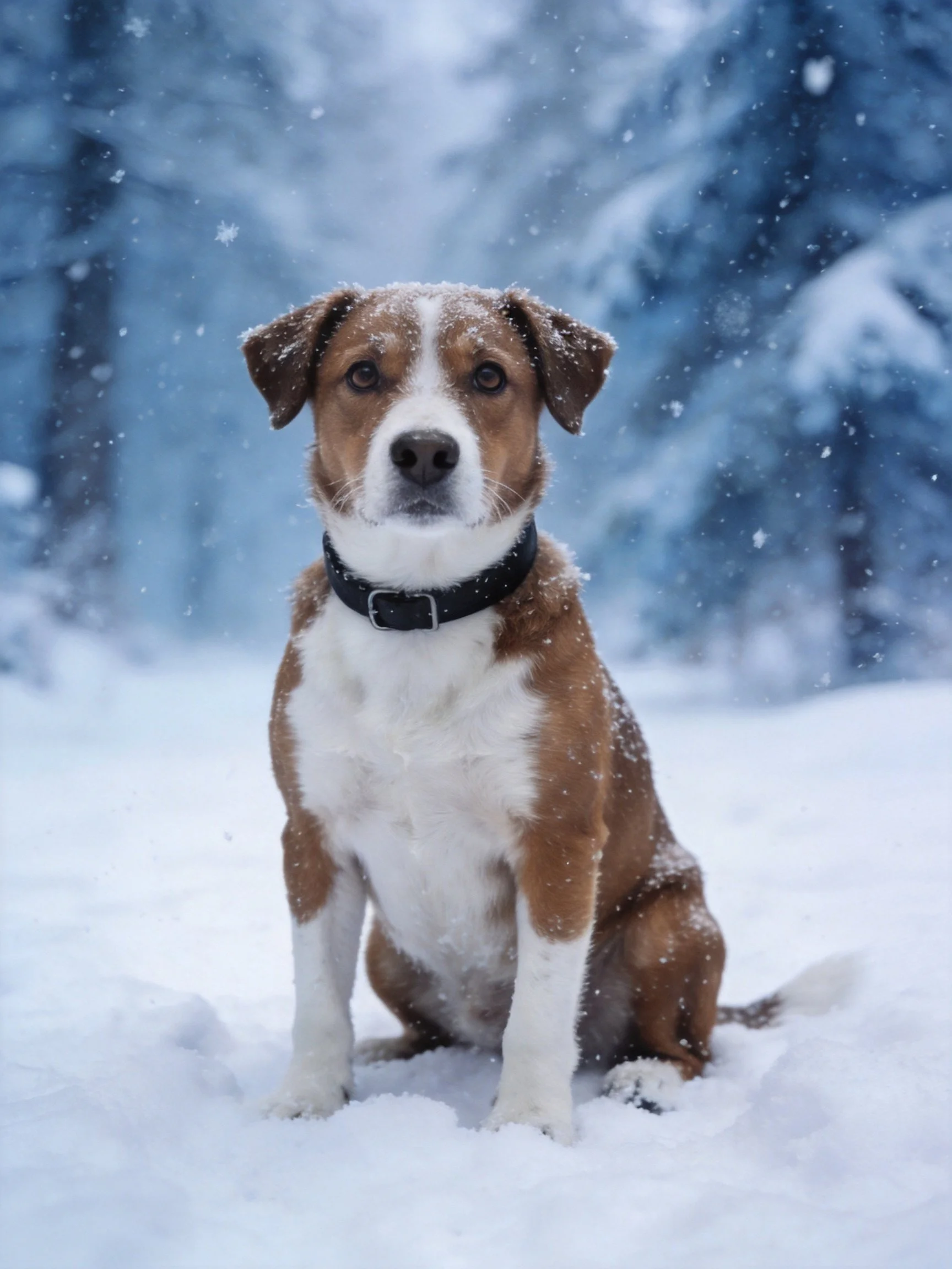 A brown and white dog sits calmly in falling snow near snow - covered trees