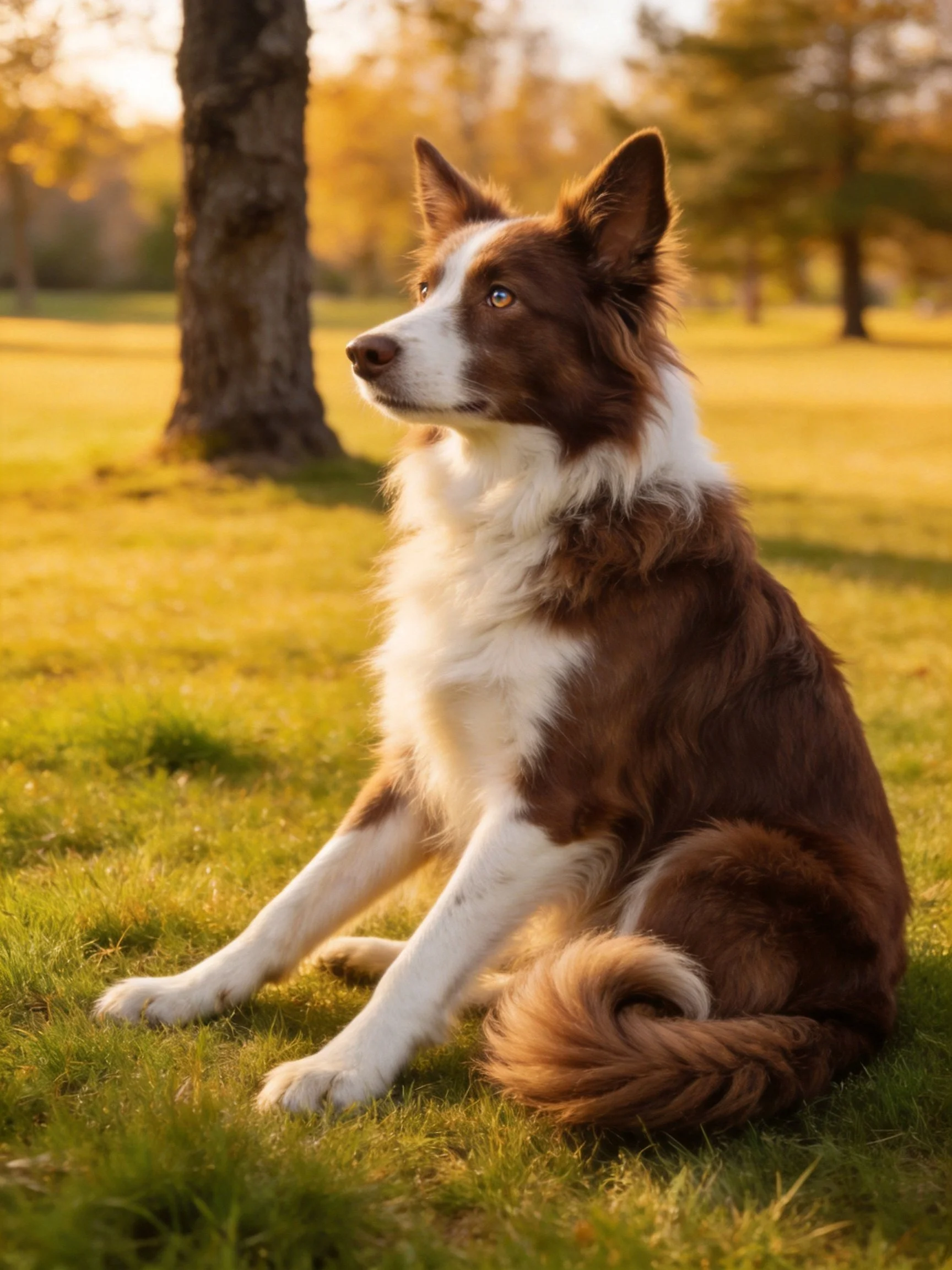 A brown and white dog sits calmly on grass near trees