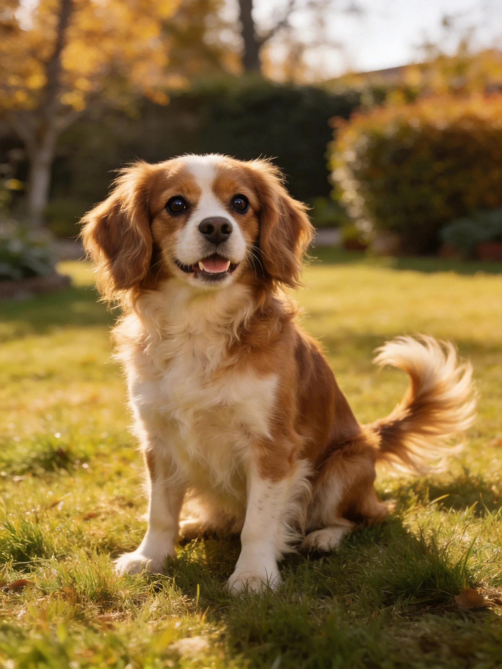 A brown and white dog sits contentedly on sun-drenched grass amid greenery