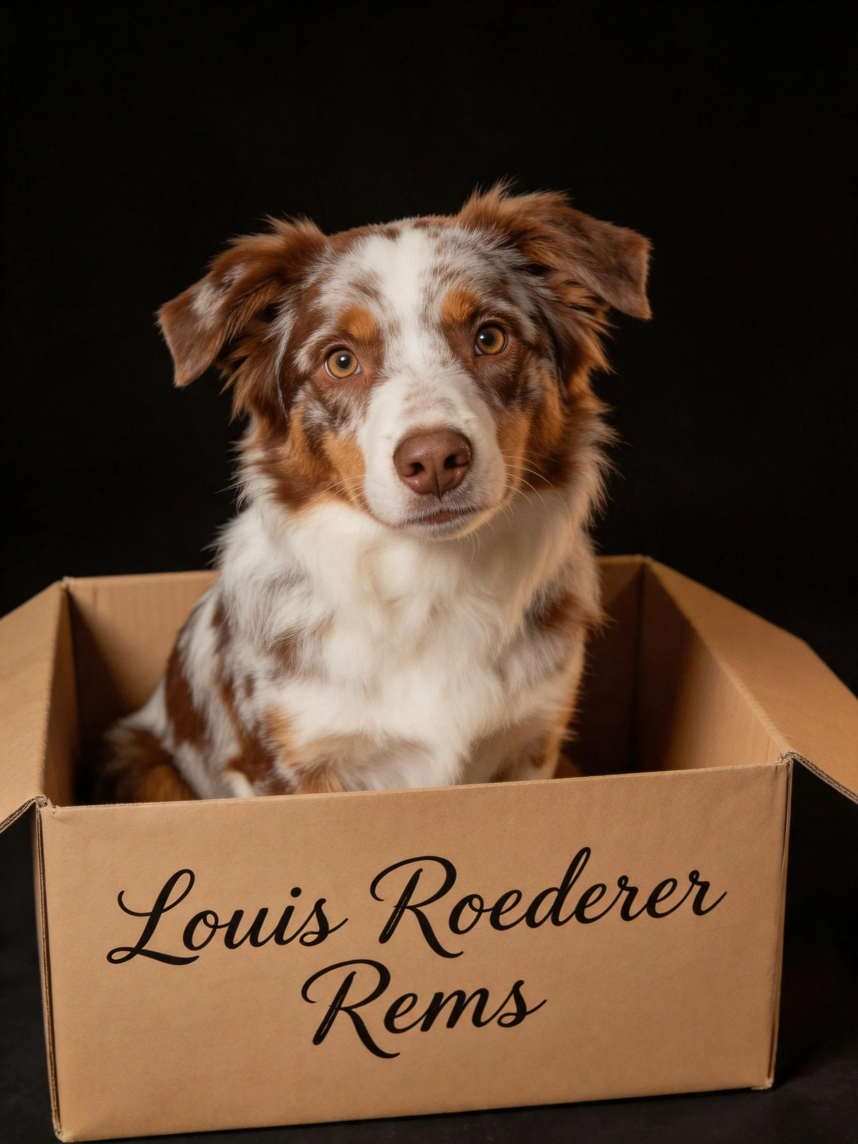 A brown and white dog is seated inside a cardboard box with printed text, against a black backdrop