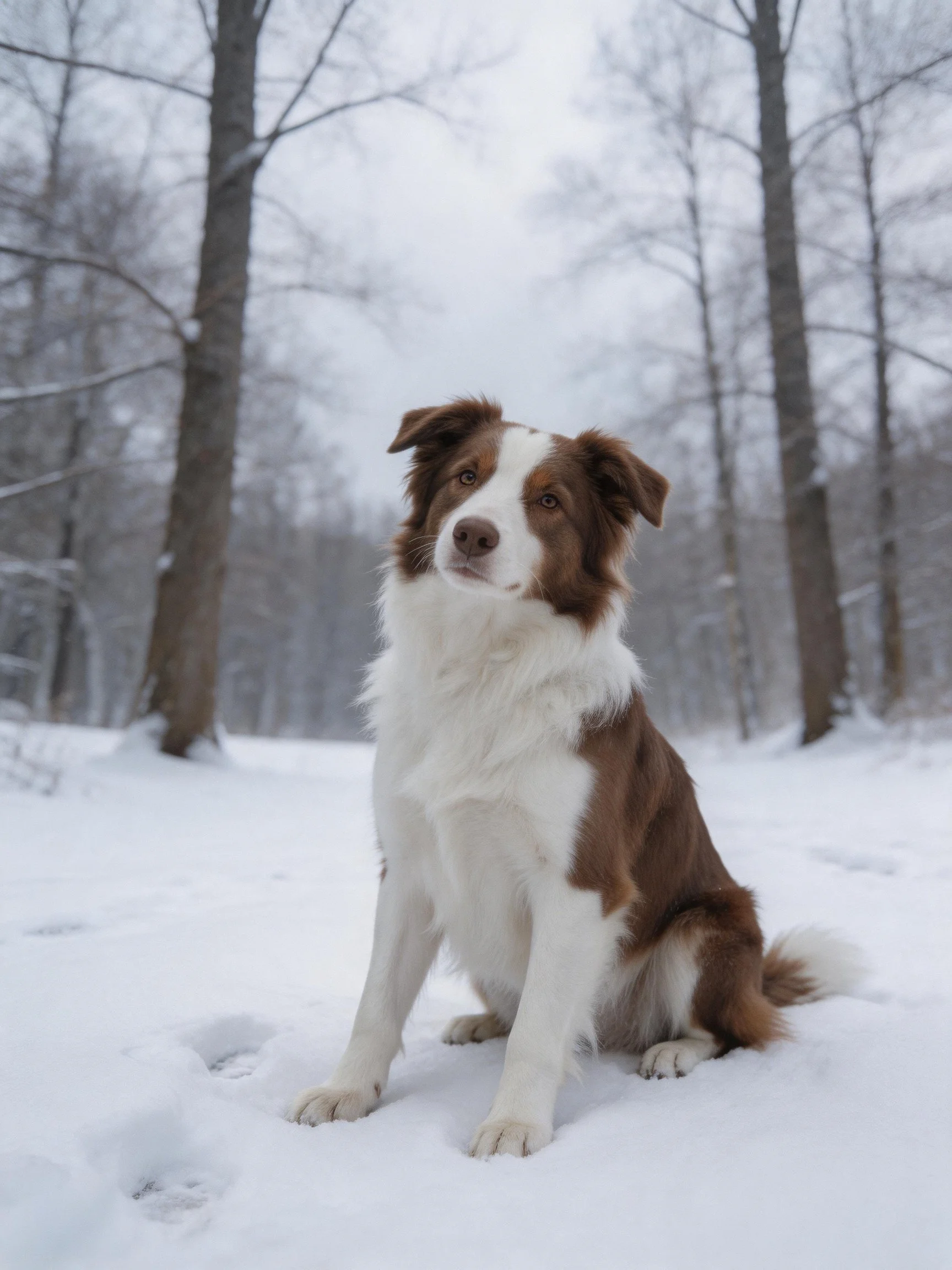 A brown and white dog sits quietly in a snowy forest setting.