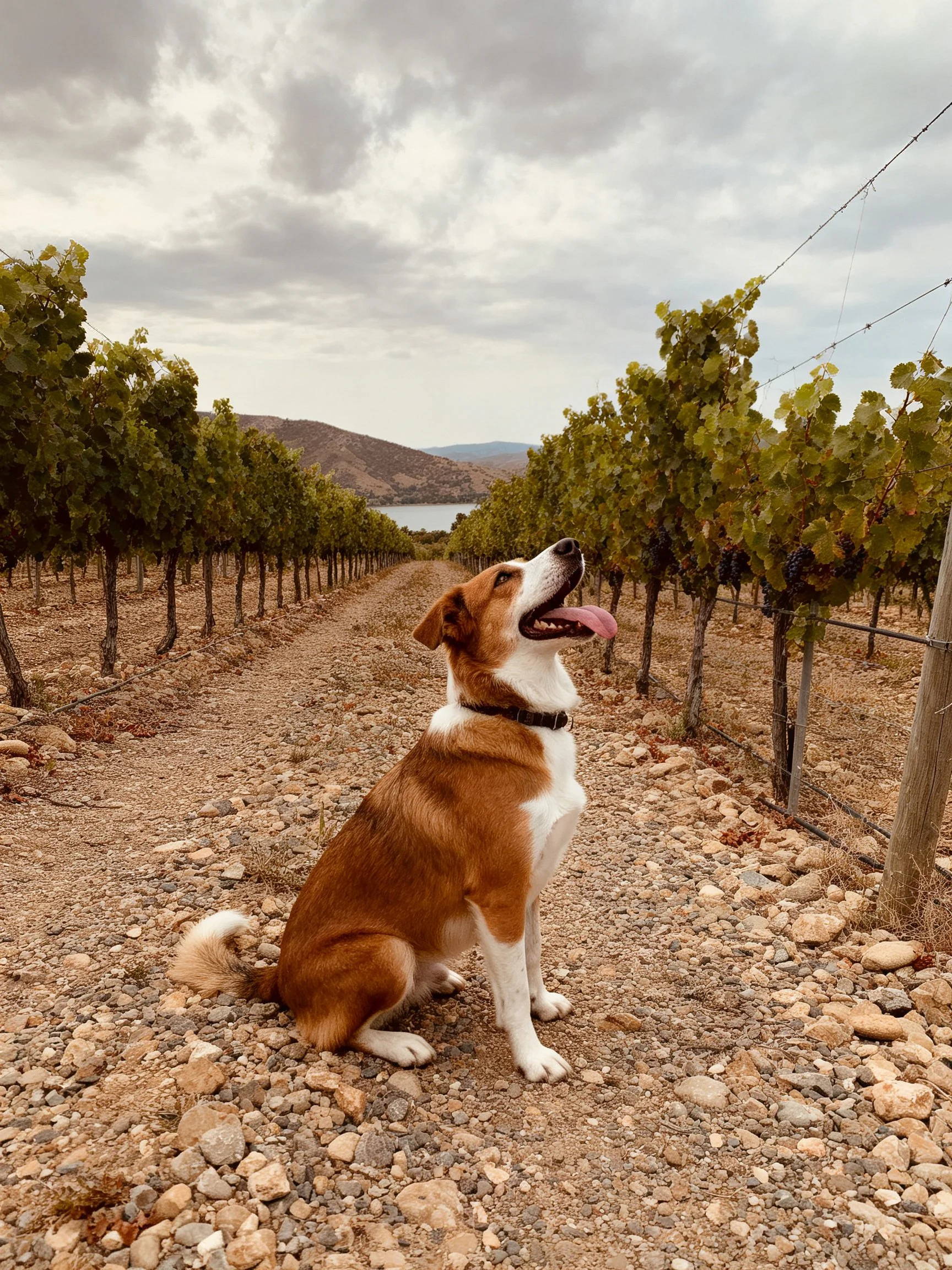 A dog rests in a vineyard surrounded grapevine rows and rocky terrain