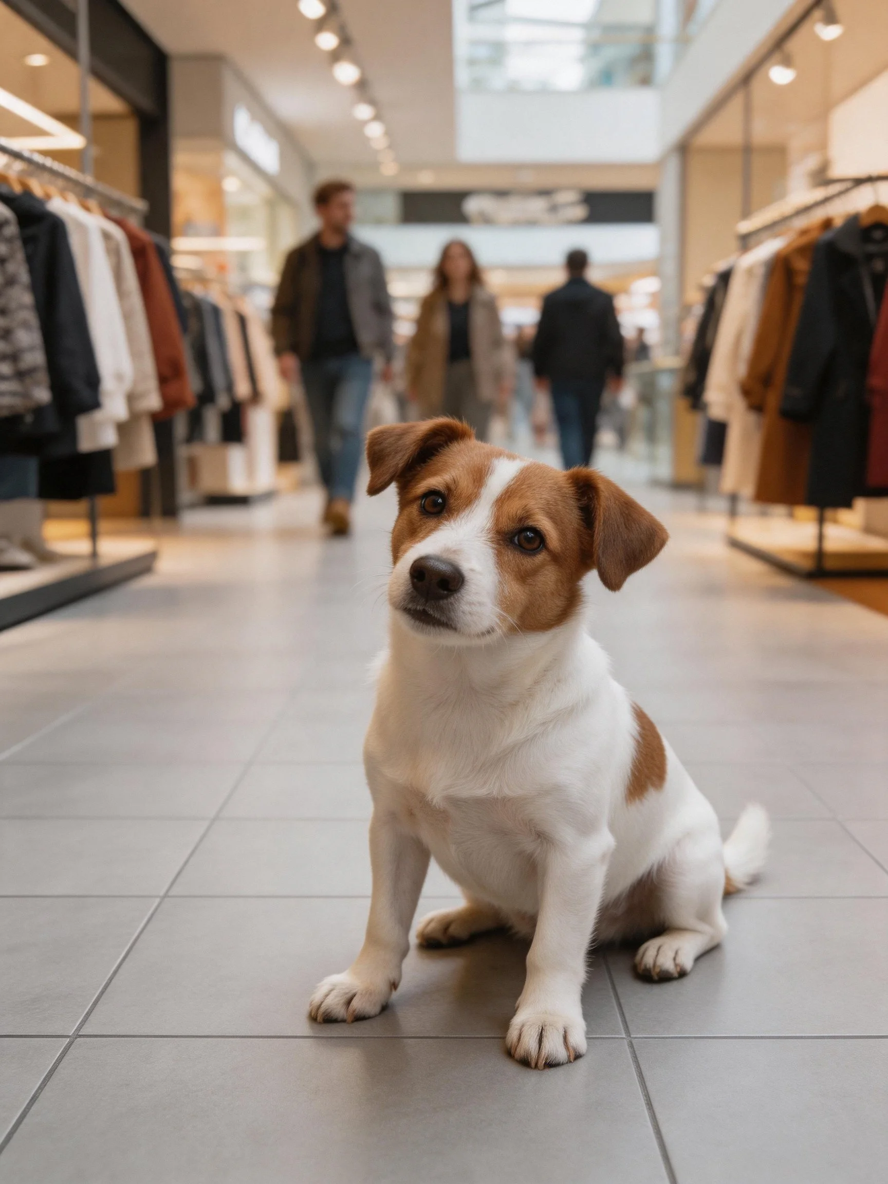 A small brown and white dog sits in a shopping mall with pedestrians nearby.