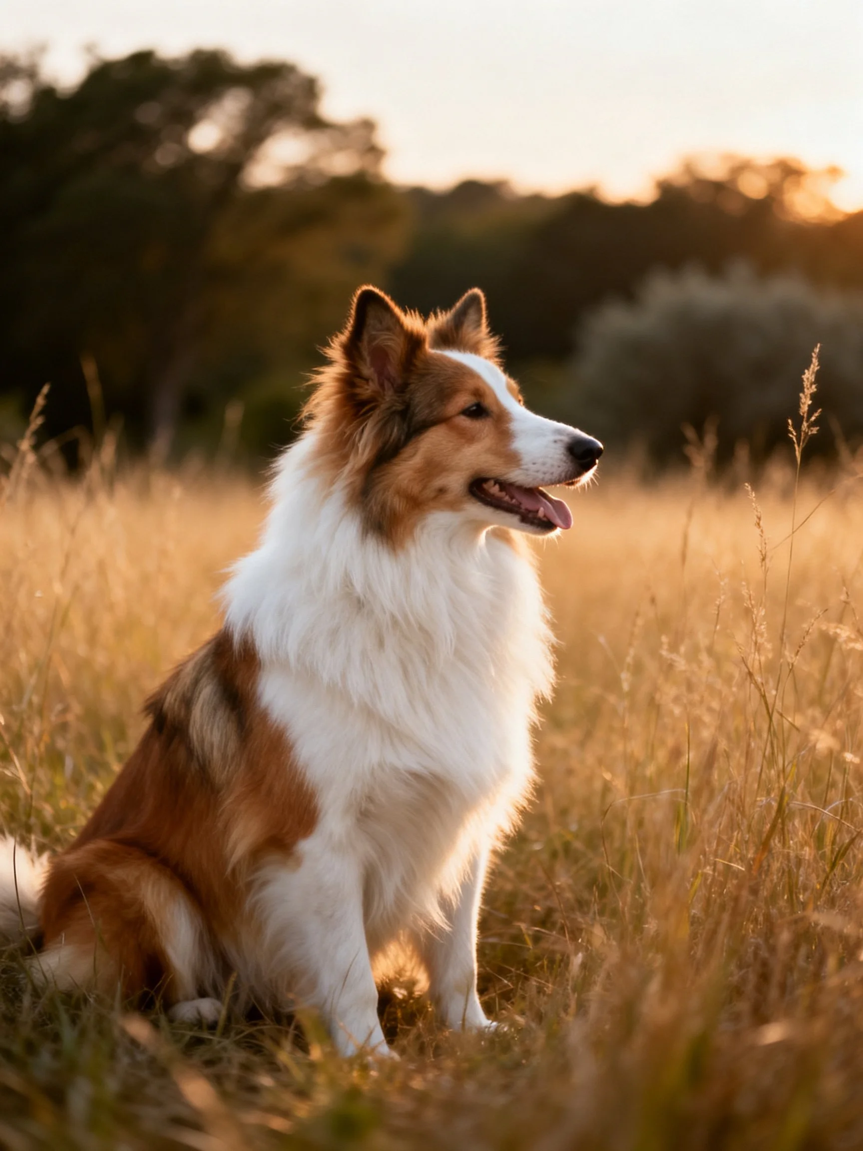 A brown and white dog sits in golden grass during sunset.