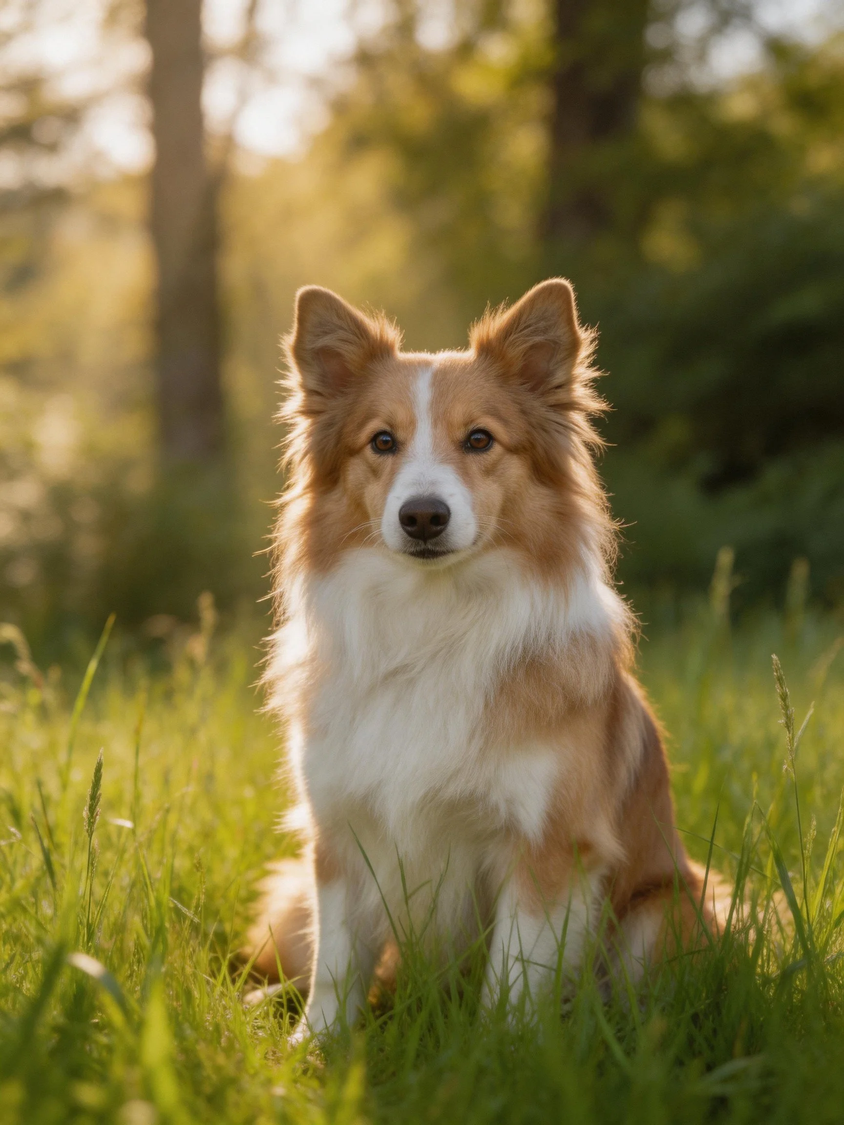 A brown and white dog sits calmly in sunlit grass with trees in the background.