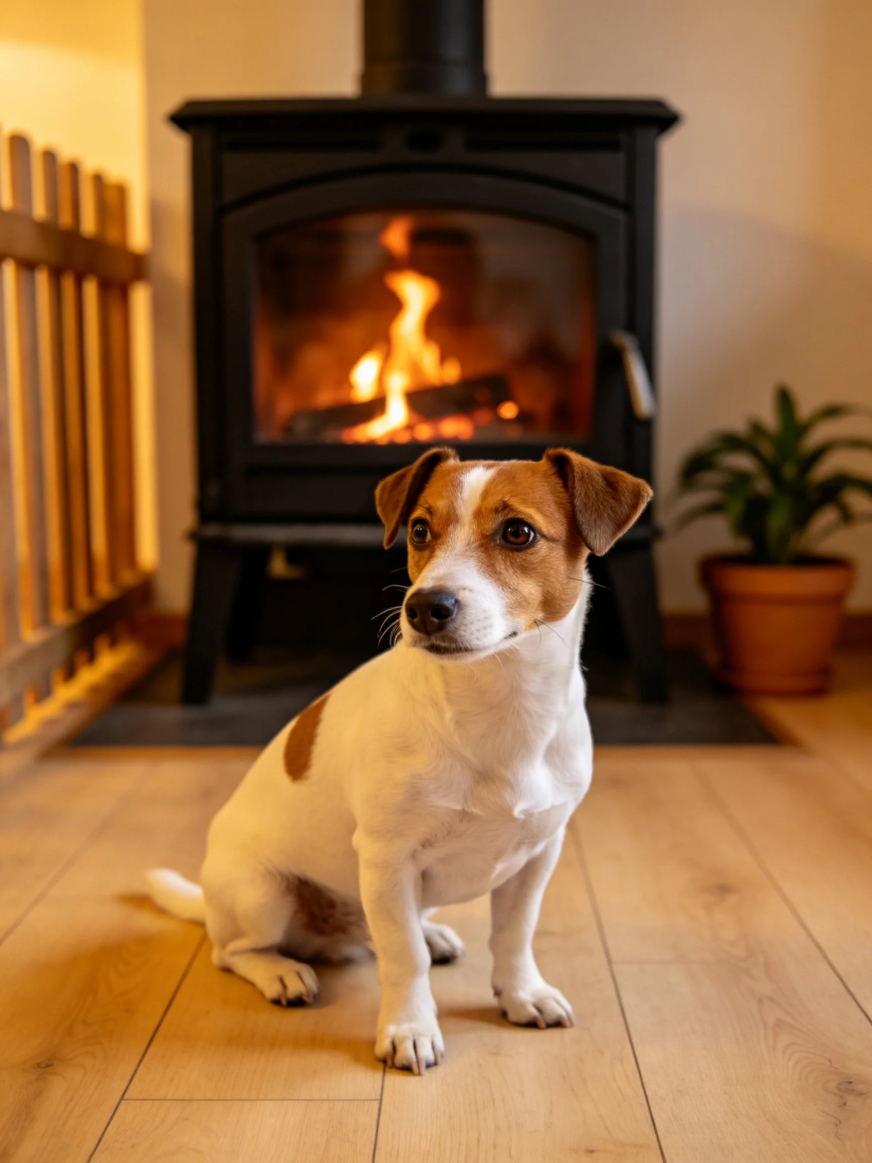 A brown and white dog sits calmly beside a burning wood stove in a cozy room.