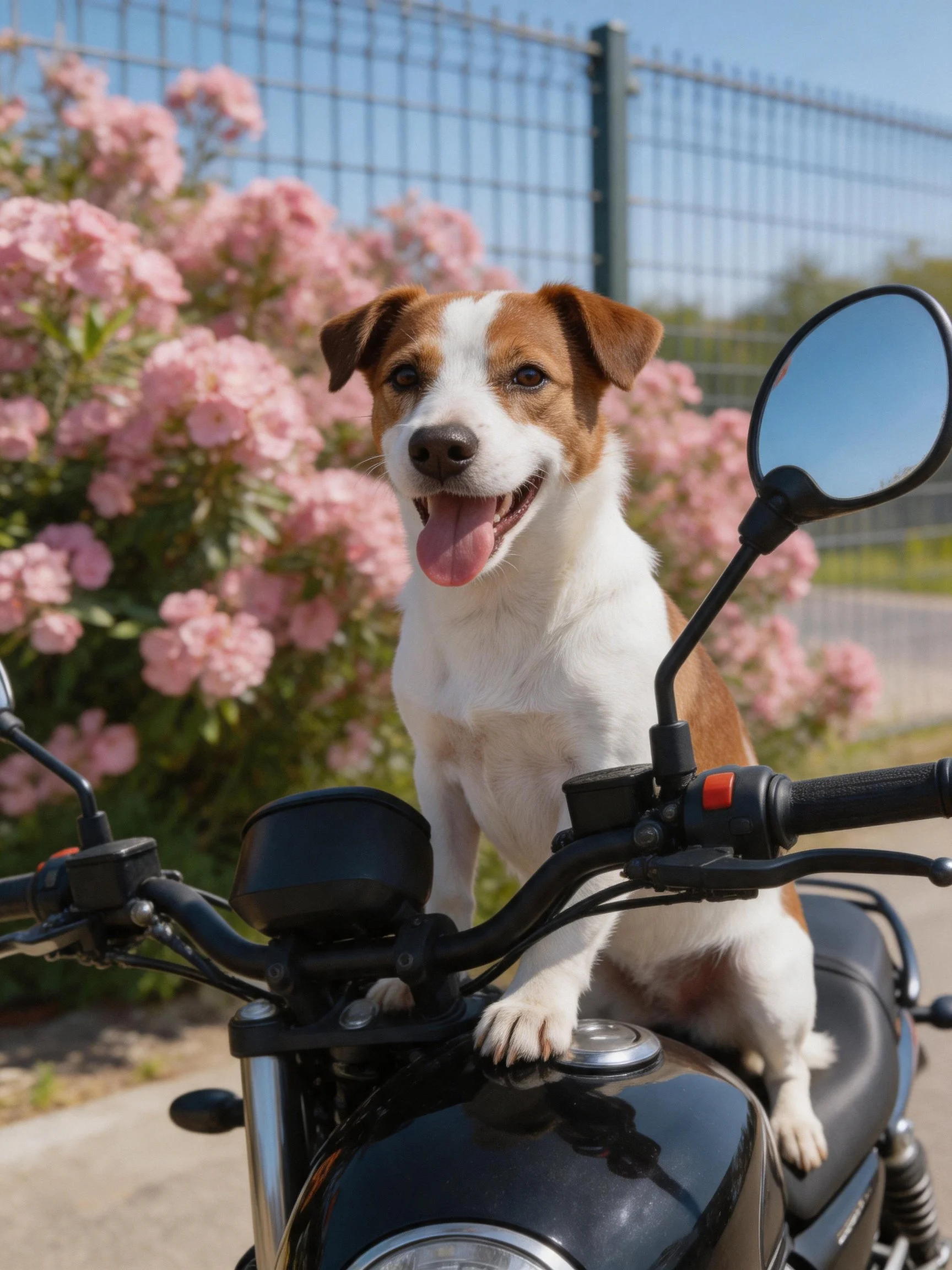A brown and white dog sits on a black motorcycle beside pink blooms