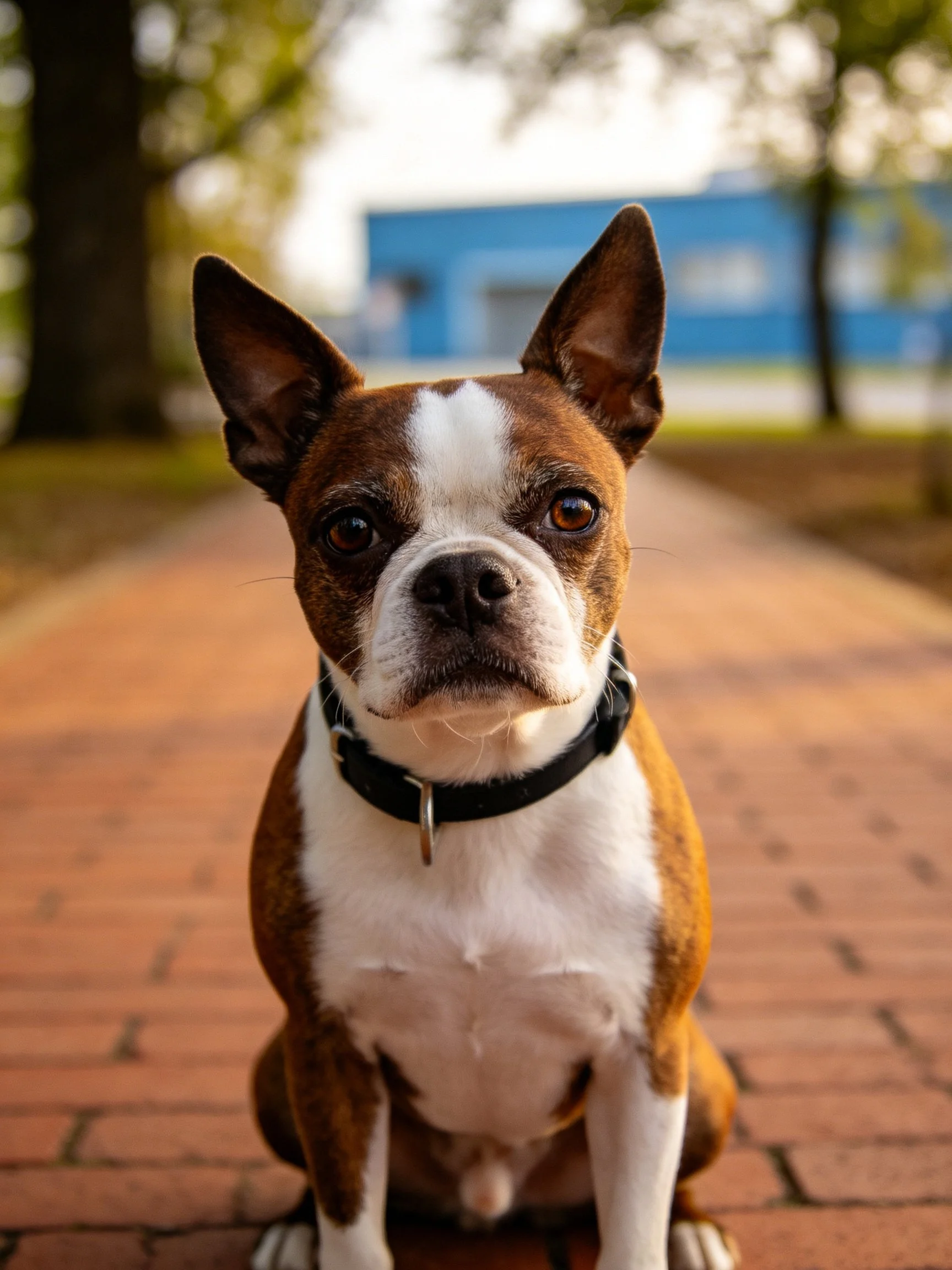 A brown and white dog sits calmly on a brick path outdoors.