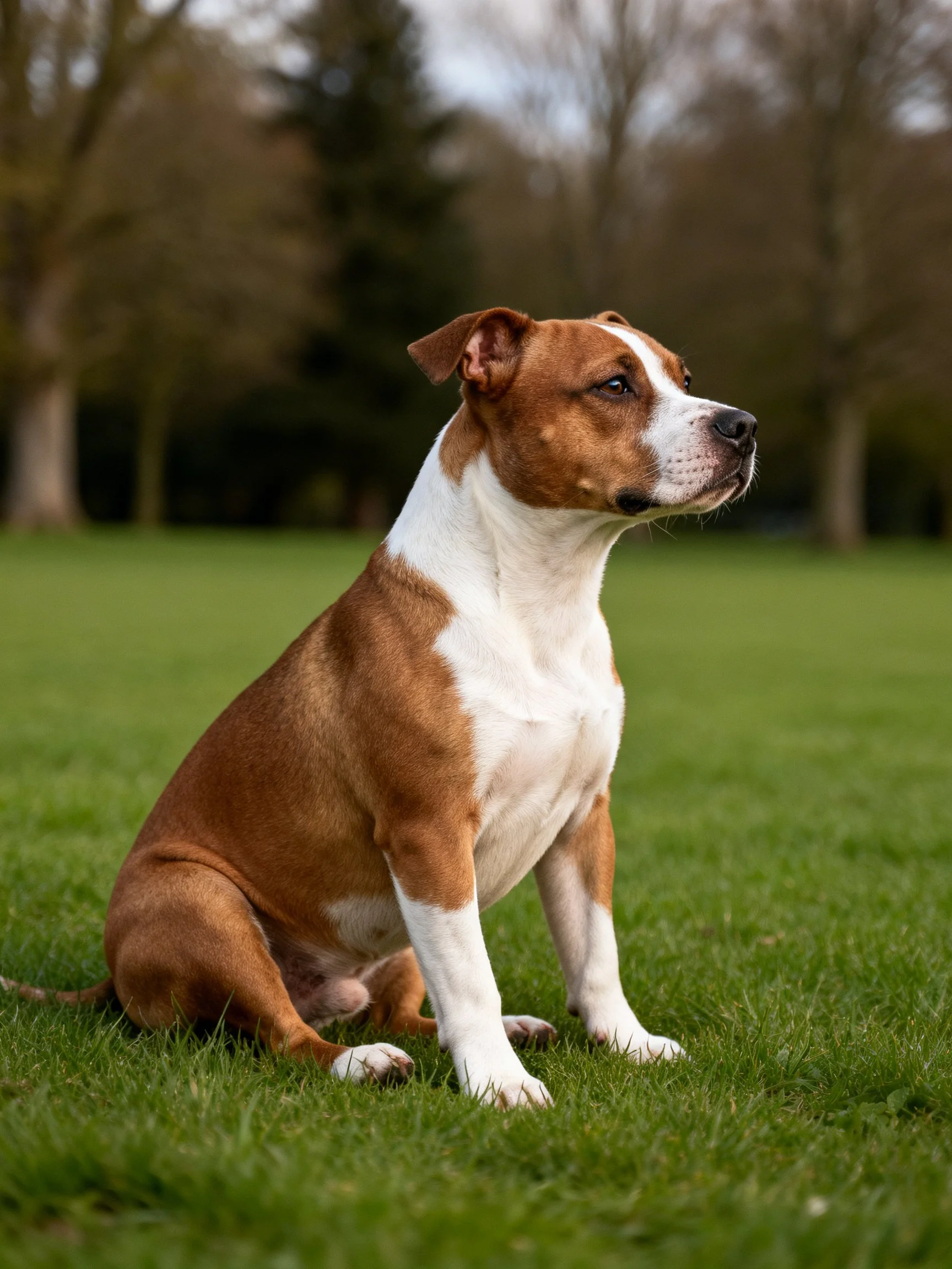 A brown and white dog sits attentively in a grassy outdoor area with trees