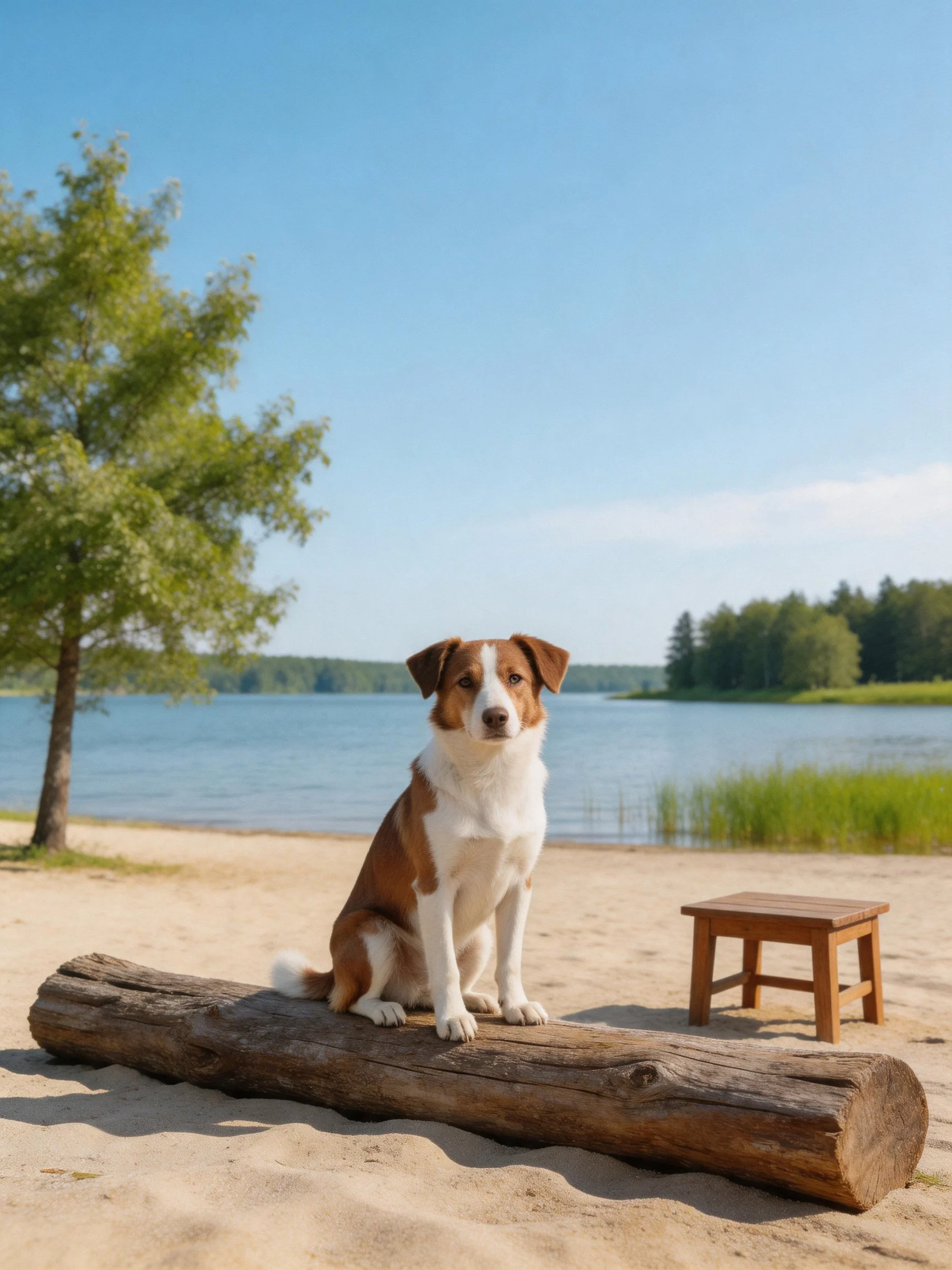 A brown and white dog sits calmly on a log at a serene lakeside location.