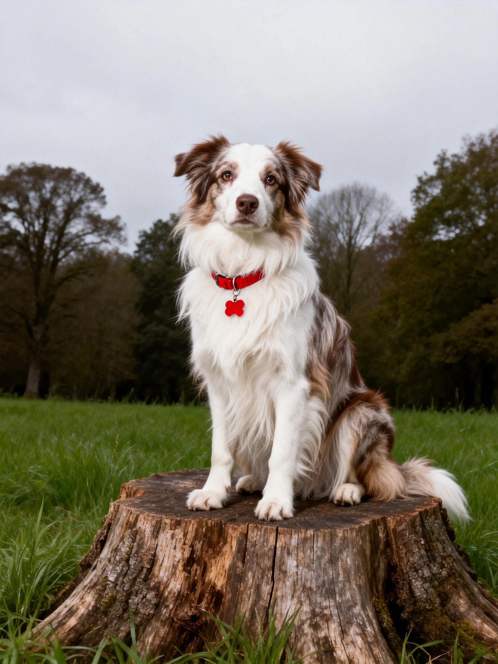 A brown and white dog sits on a weathered tree stump outdoors