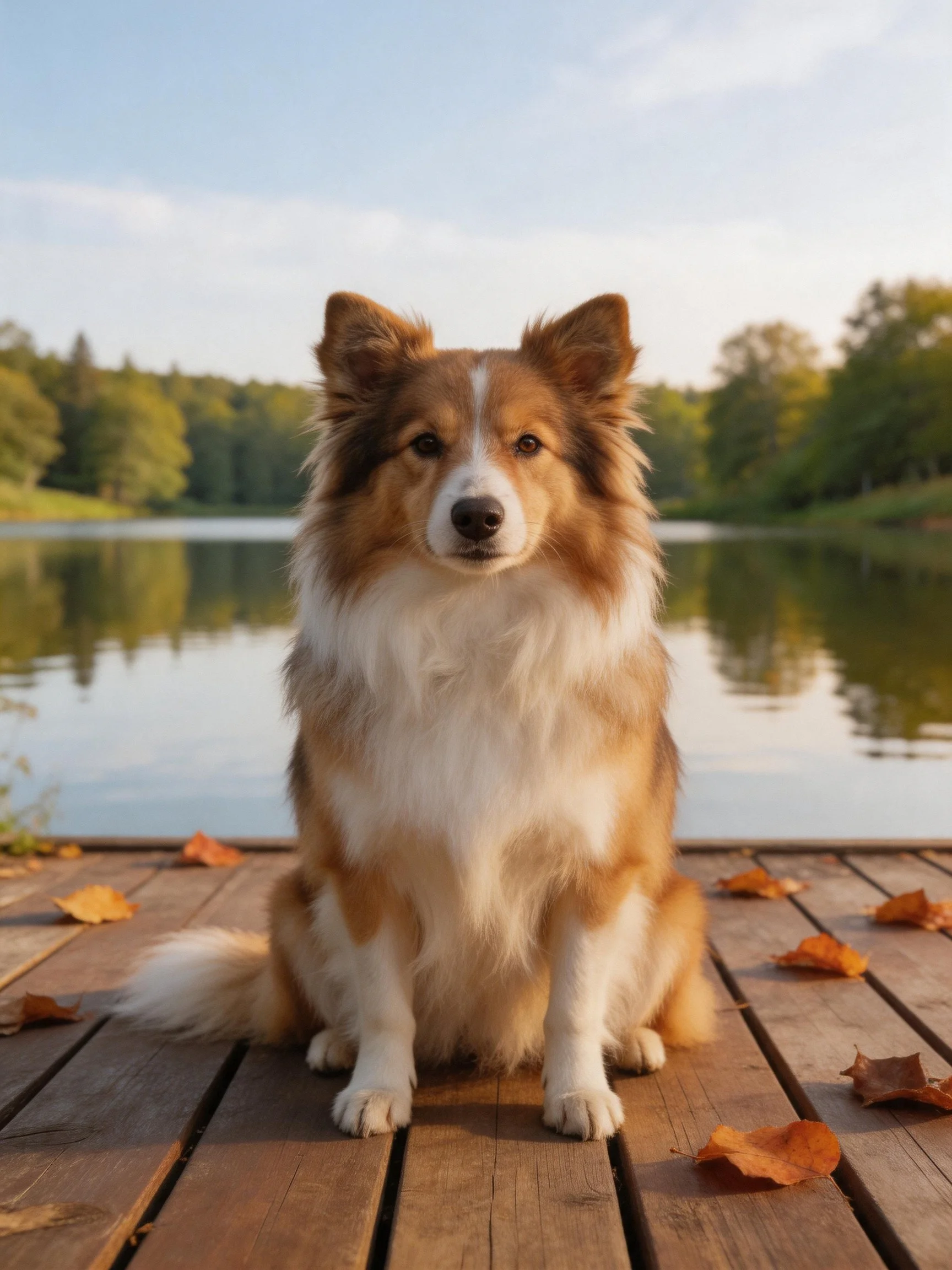 A brown and white dog sits on a wooden dock near a calm lake