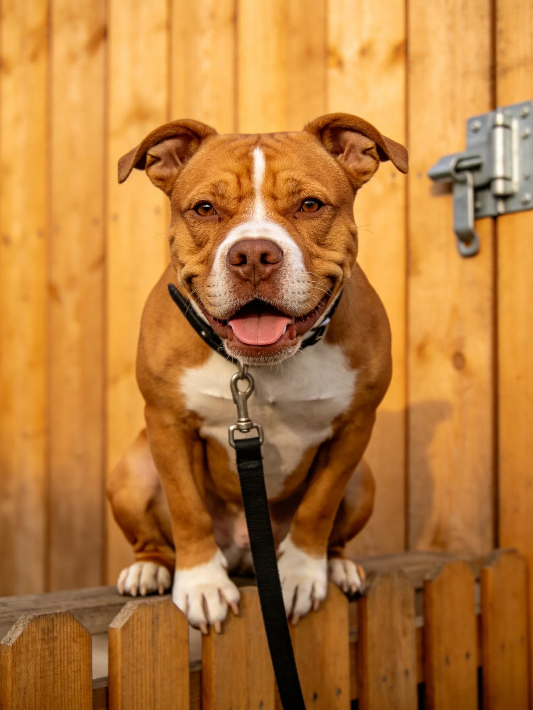 A brown and white dog sits on a wooden fence with a leash