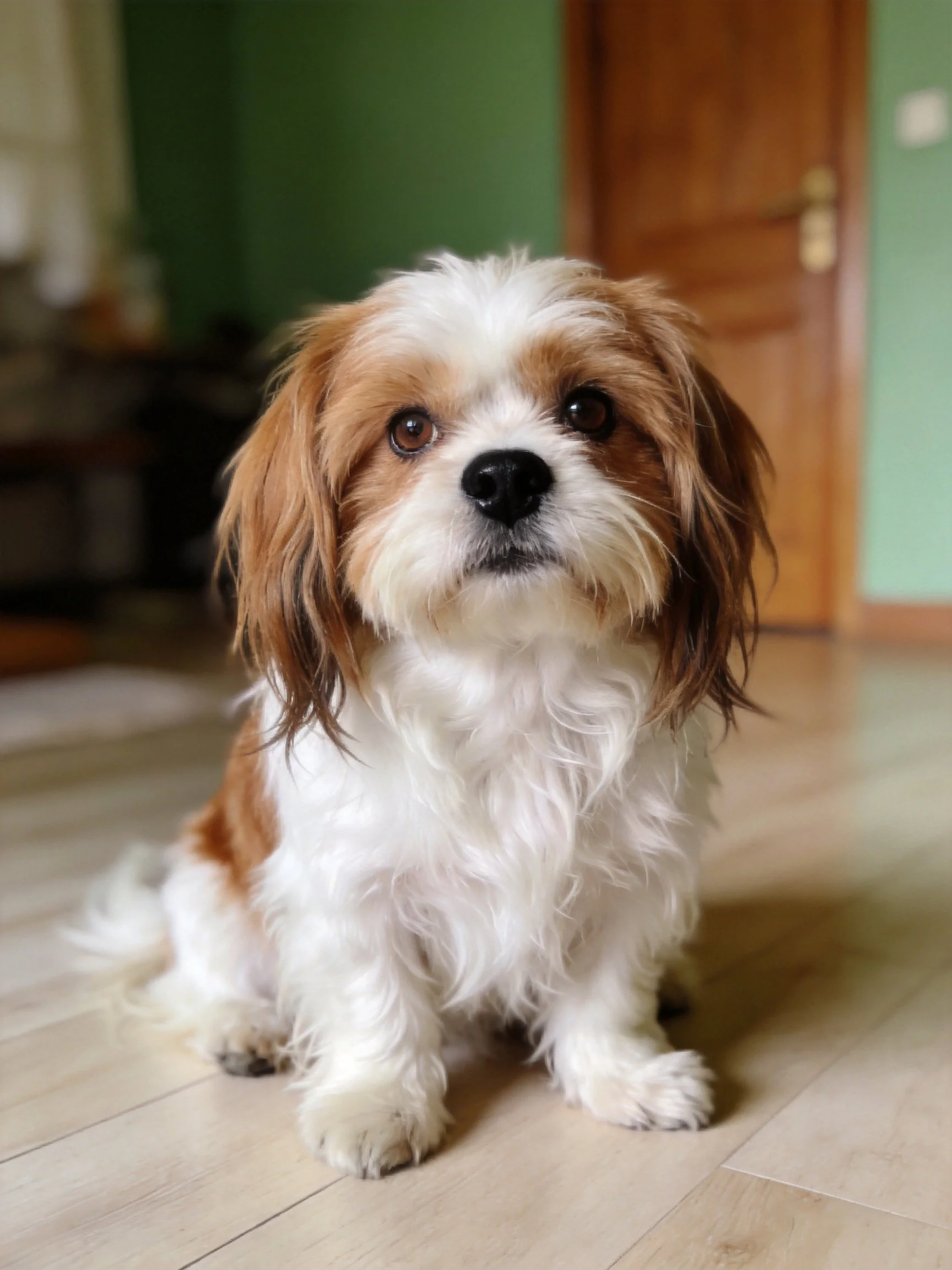 A brown and white dog sits calmly on a wooden floor within a home interior.