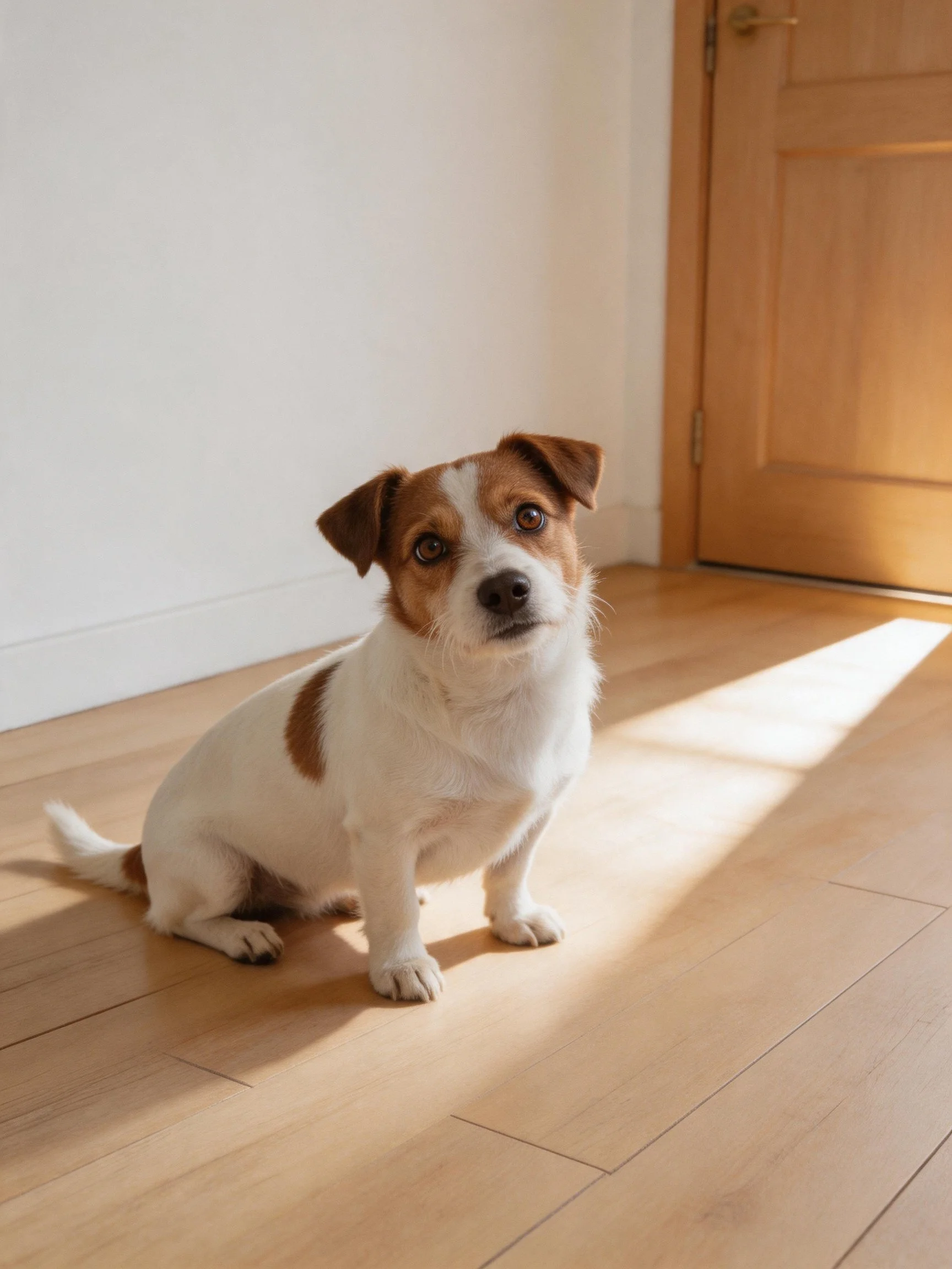 A brown and white dog sits on a wooden floor near a closed door