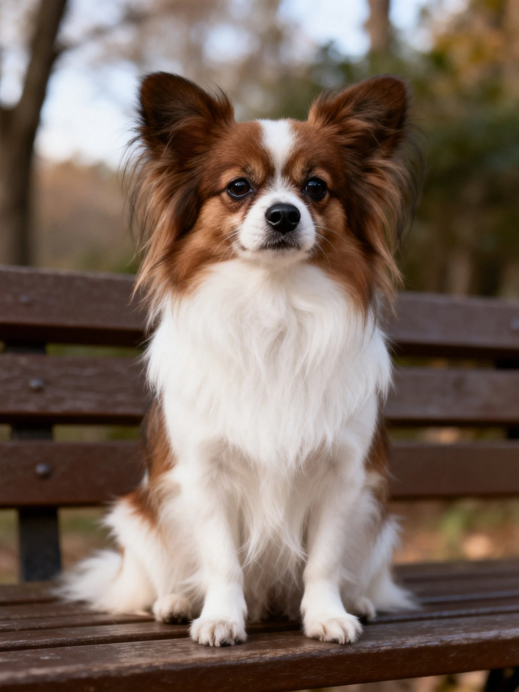 A brown and white dog sits on a wooden bench outdoors.