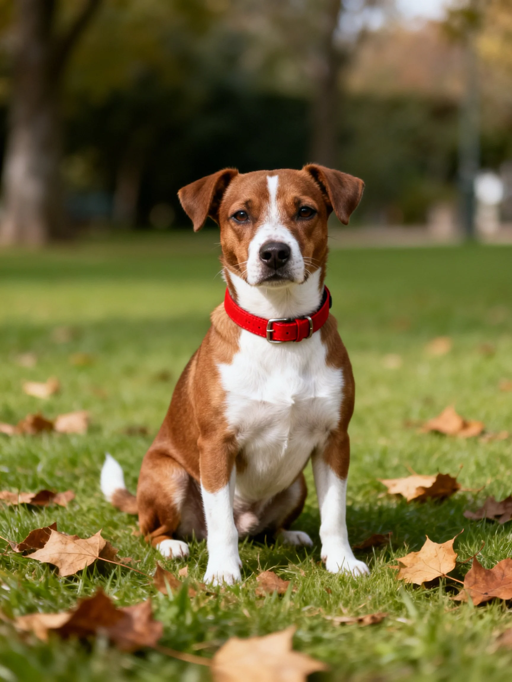 A brown and white dog sits calmly on grass with scattered autumn leaves.