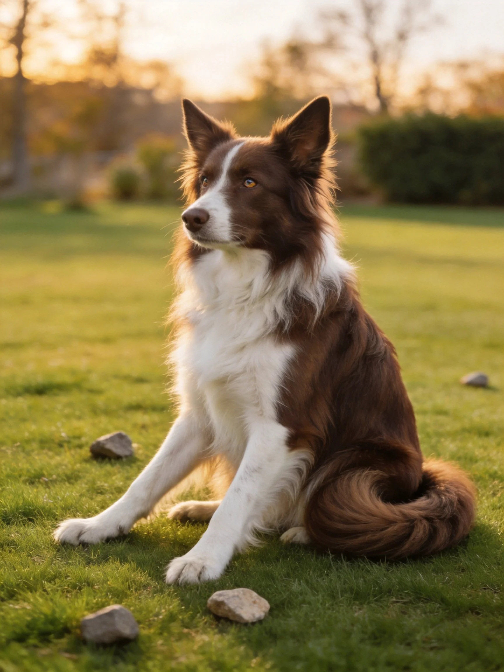 A brown and white dog sits calmly on grass in a sunlit outdoor setting.