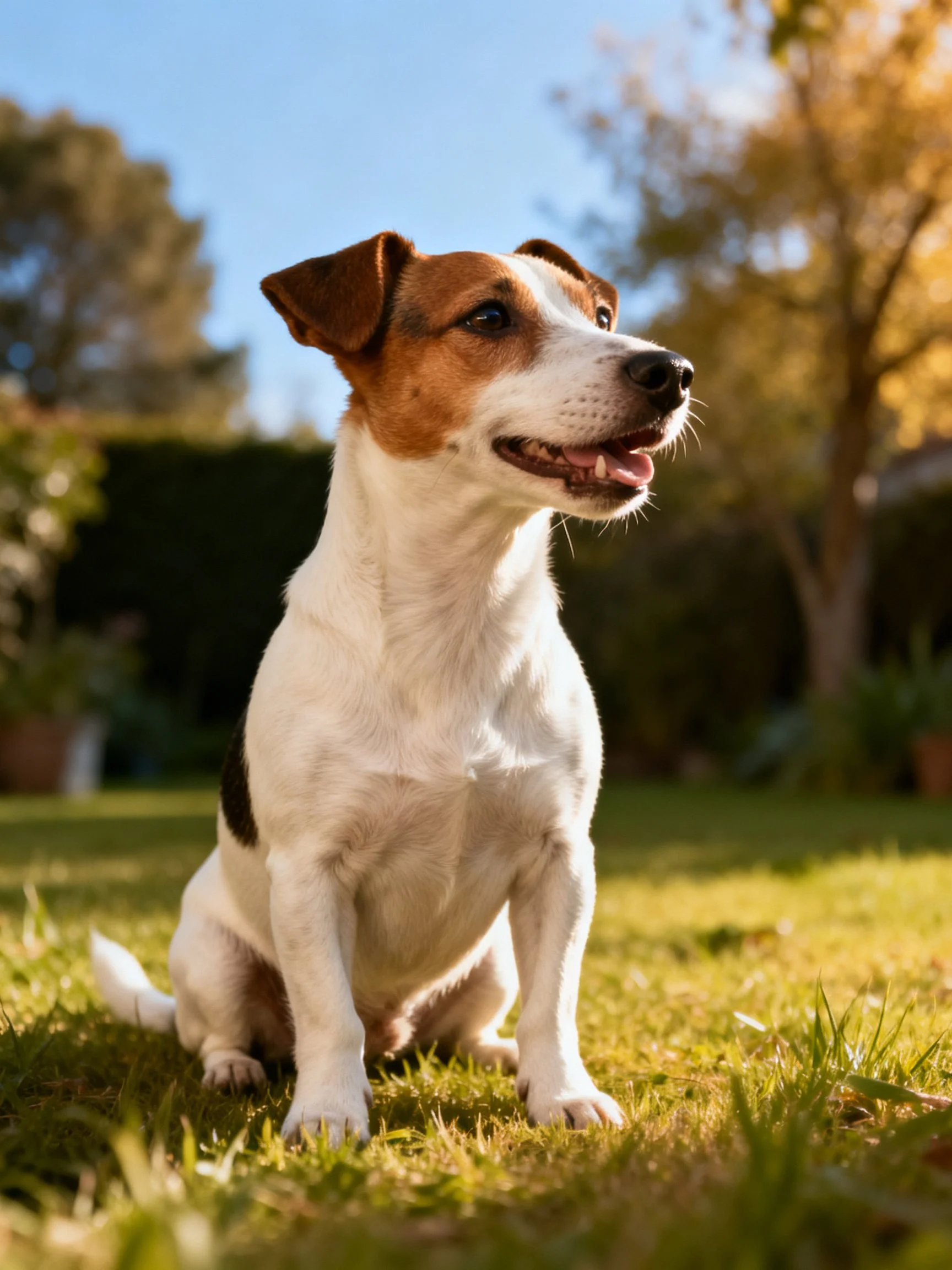 A brown and white dog sits on grass in a sunlit garden