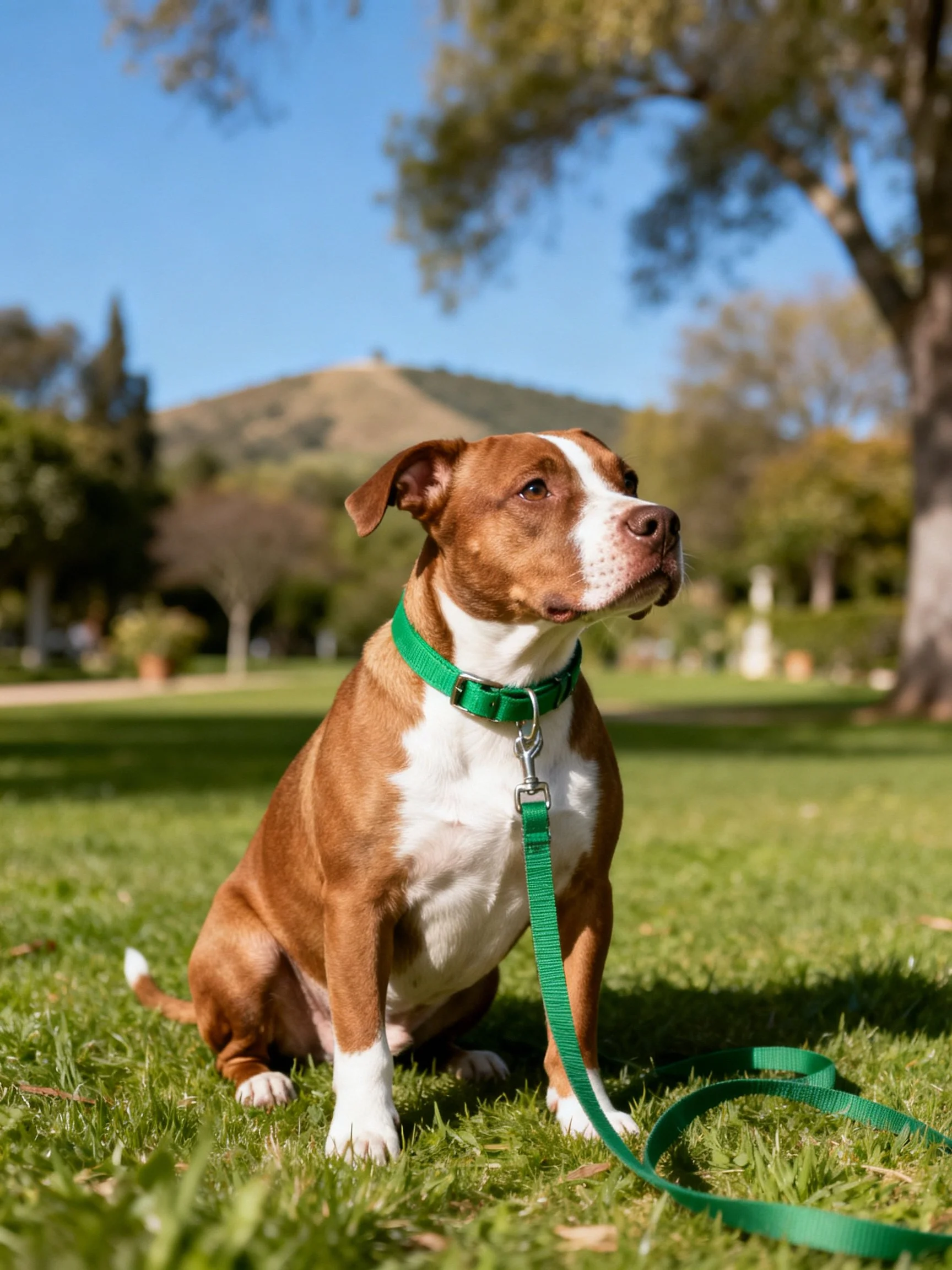 A brown and white dog sits calmly on grass in a sunny park.