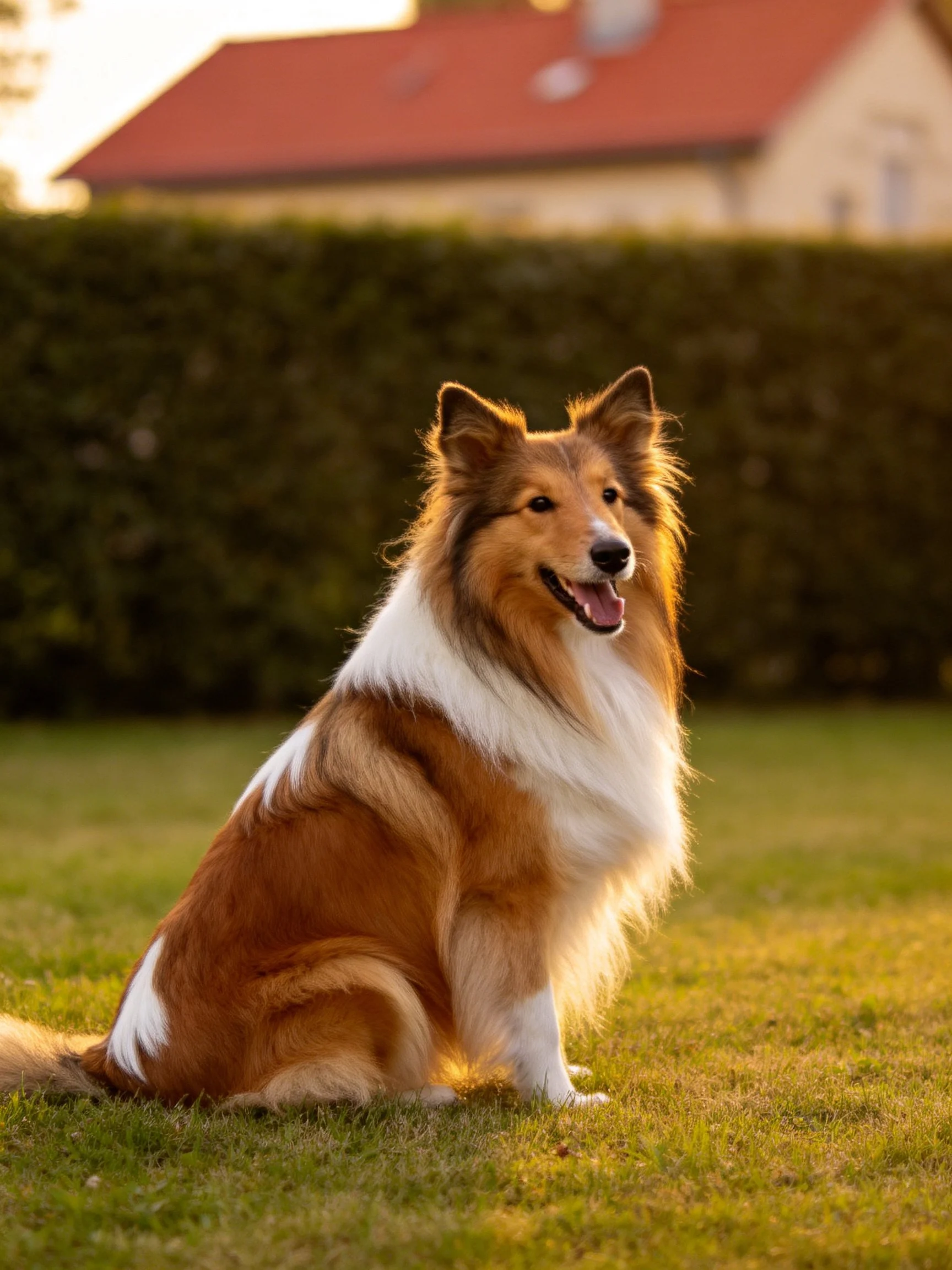 A brown and white dog sits calmly on grass with a hedge and house in the background