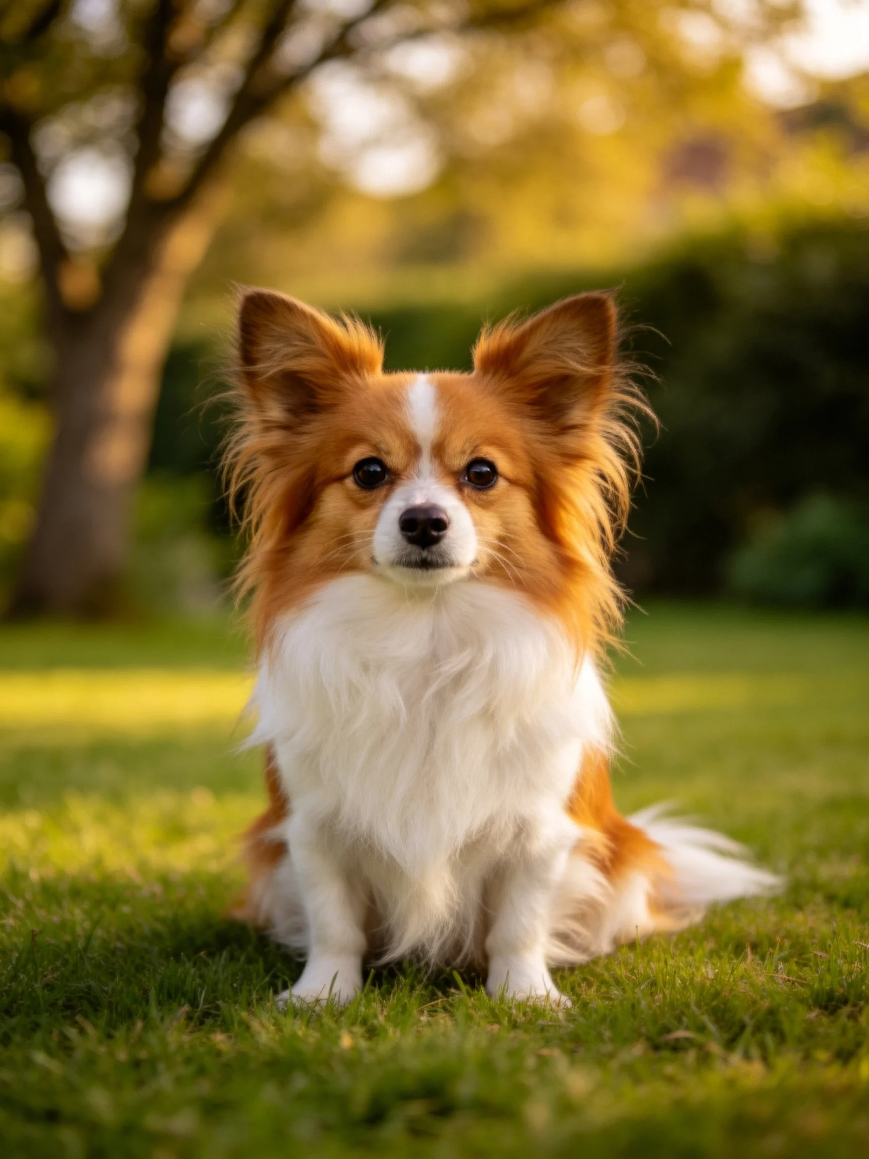 A brown and white dog sits calmly on grass in a sunlit outdoor area.