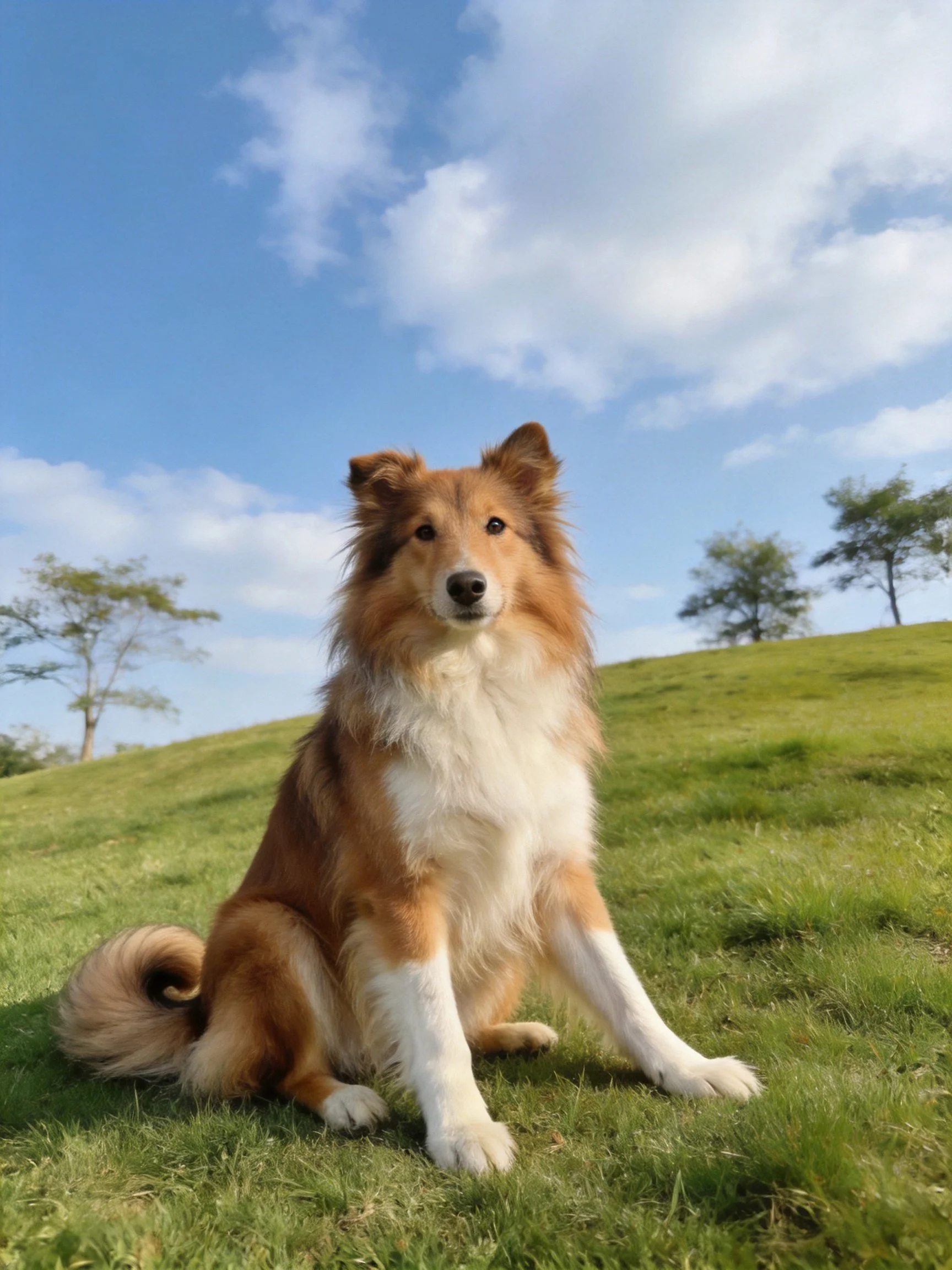 A brown and white dog sits calmly on grass with a clear blue sky overhead.