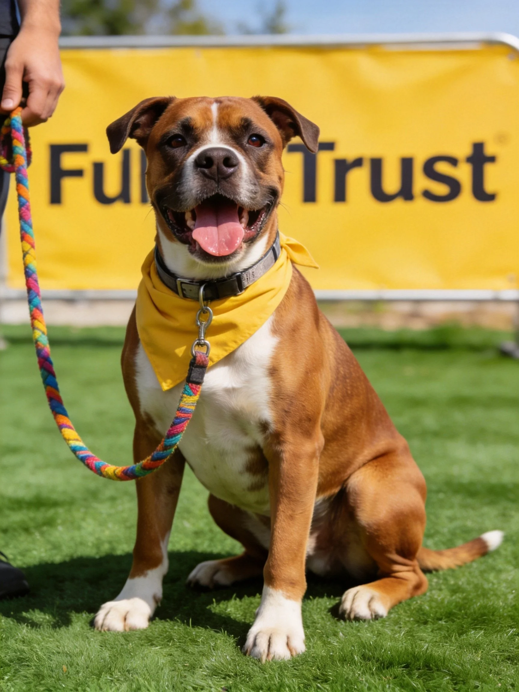 A brown and white dog sits calmly on green grass with a colorful leash.