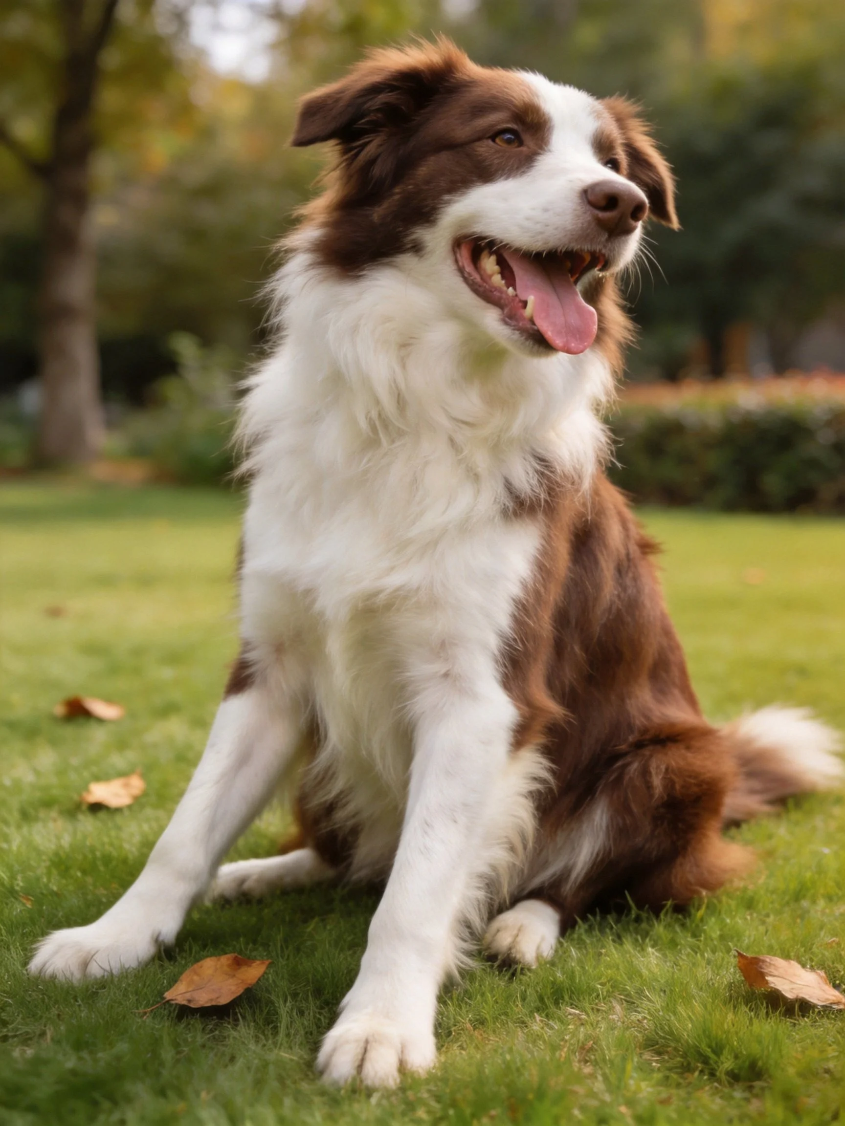 A brown and white dog sits happily among scattered autumn leaves on grass.