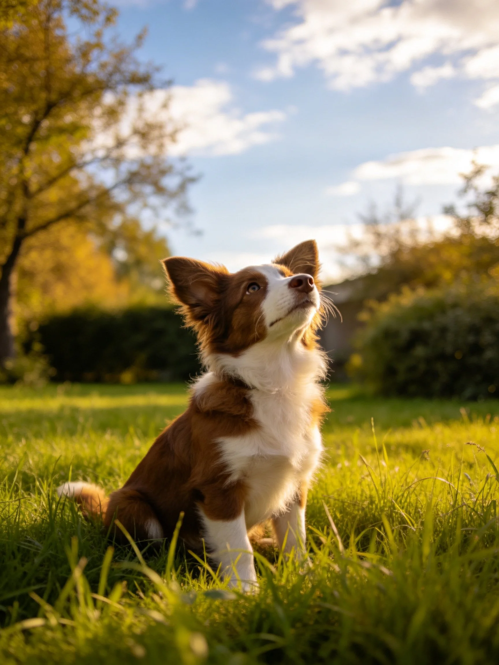 A brown and white dog sits attentively on grass in a sunlit outdoor setting.