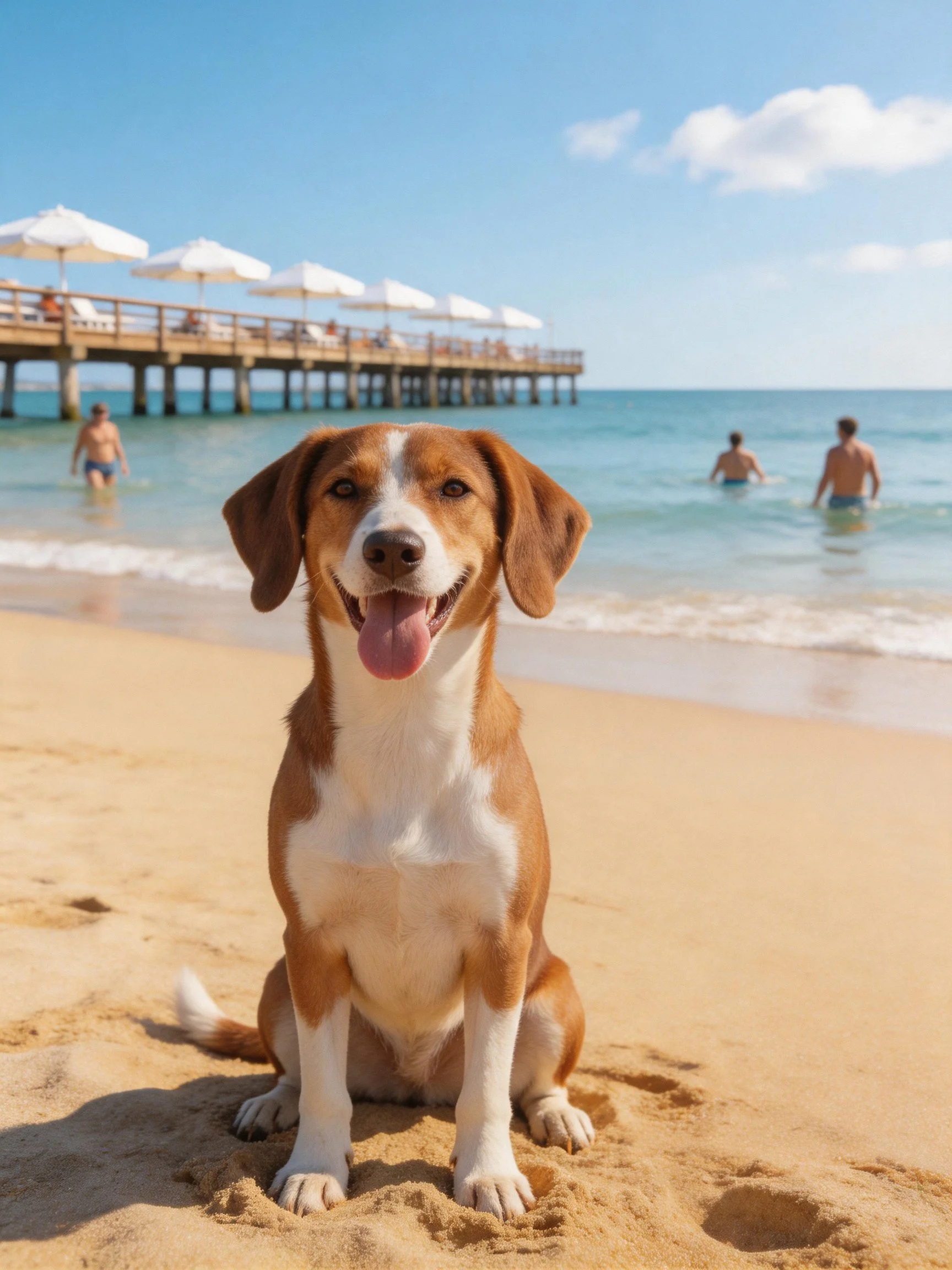 A brown and white dog sits on sandy beach with swimmers and a pier nearby.