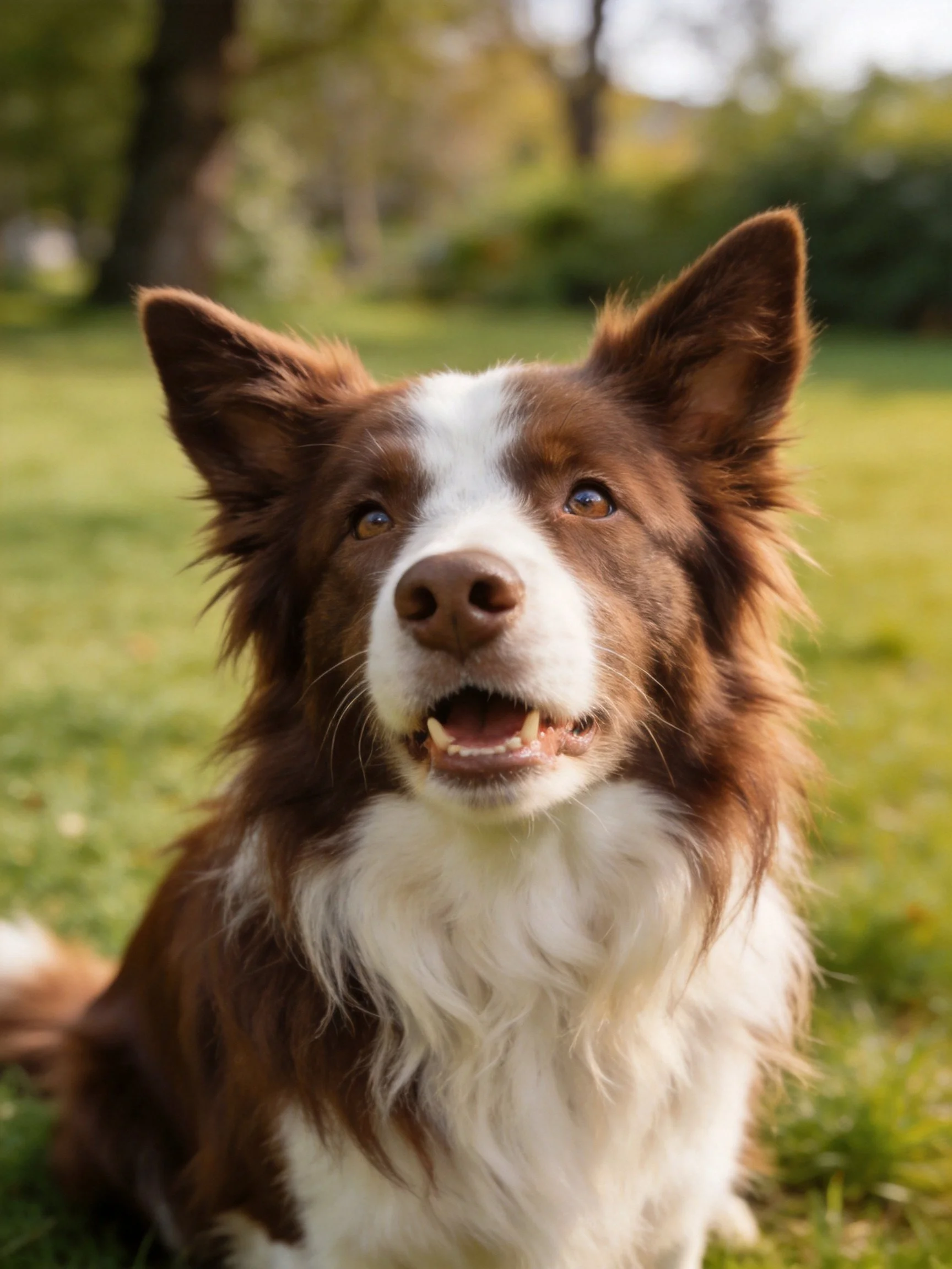 A brown and white dog sits happily on green grass in a sunlit outdoor space.