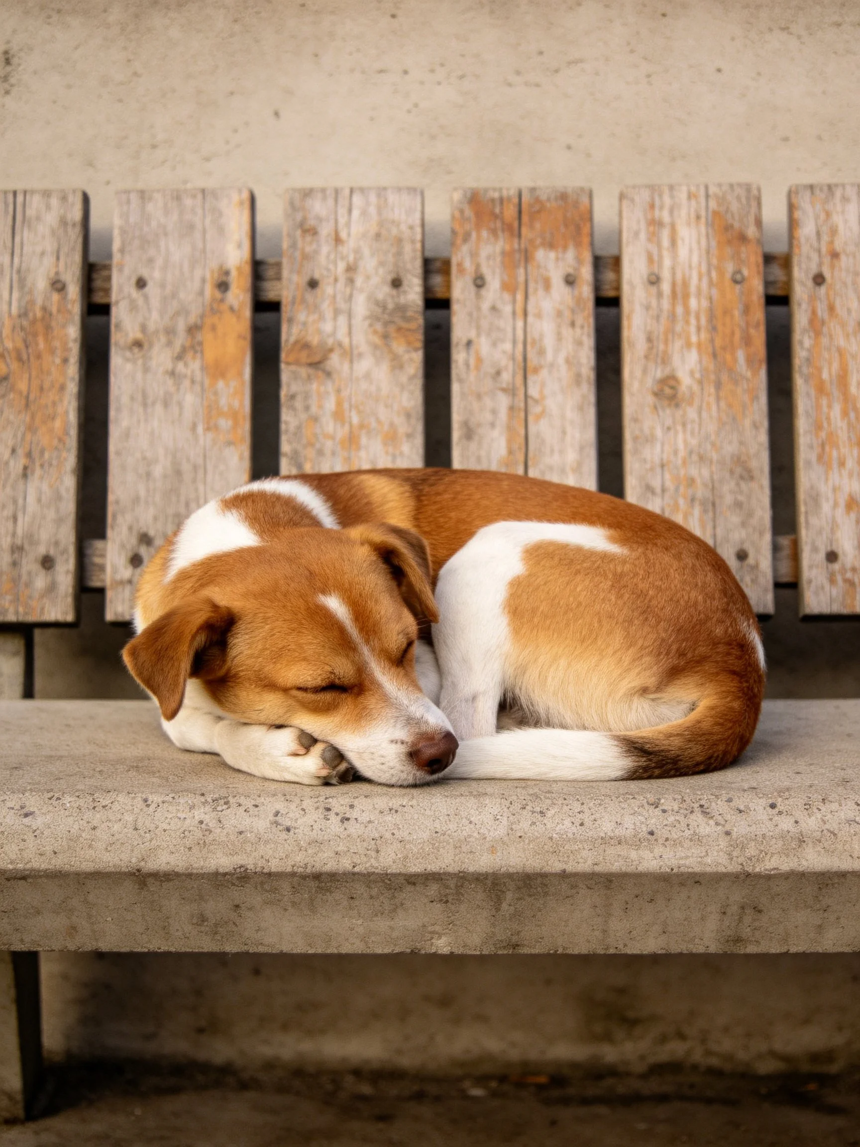 A brown and white dog sleeps curled on a weathered wooden bench