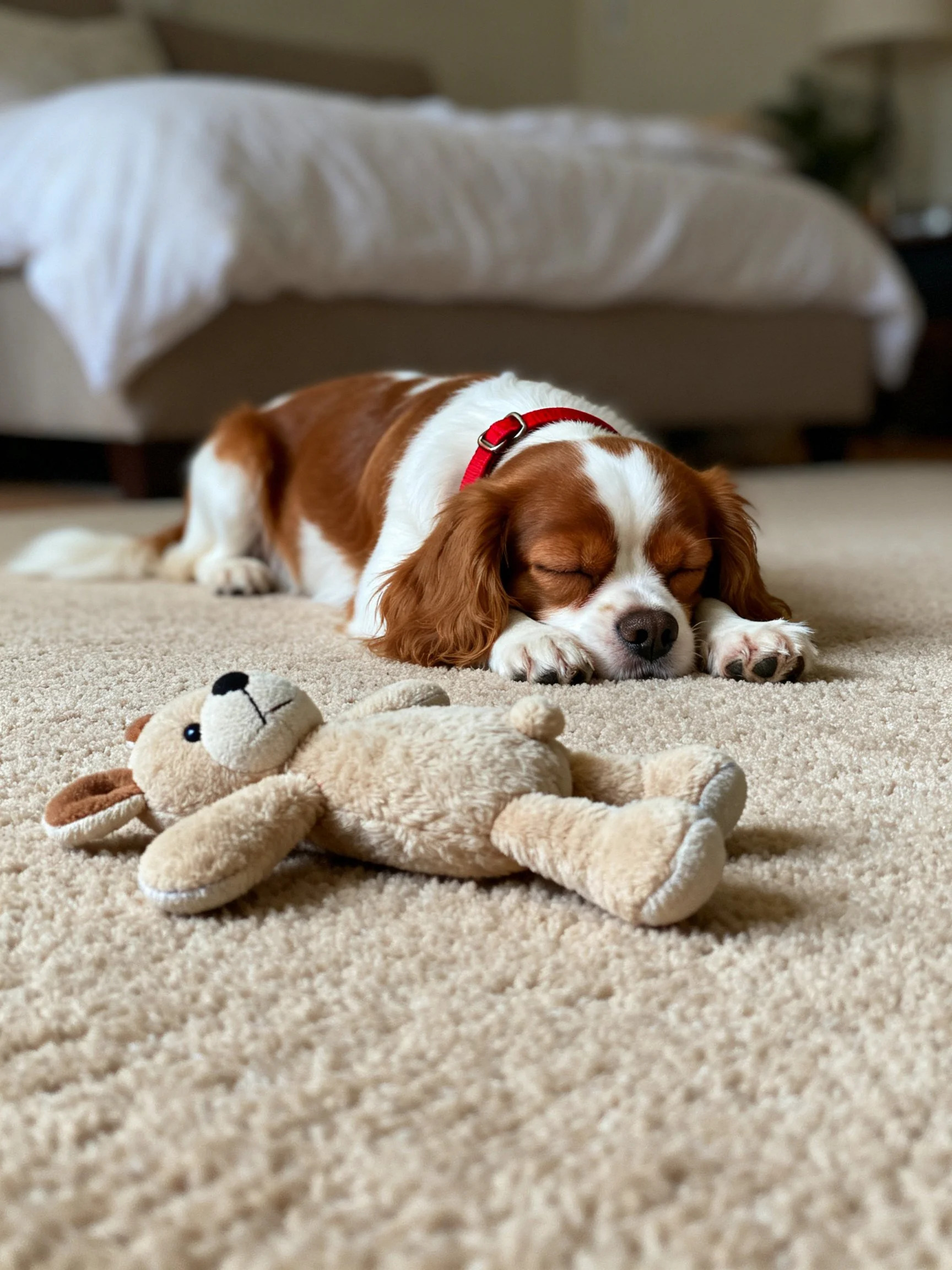 A brown and white dog rests beside a stuffed toy on a carpeted floor.
