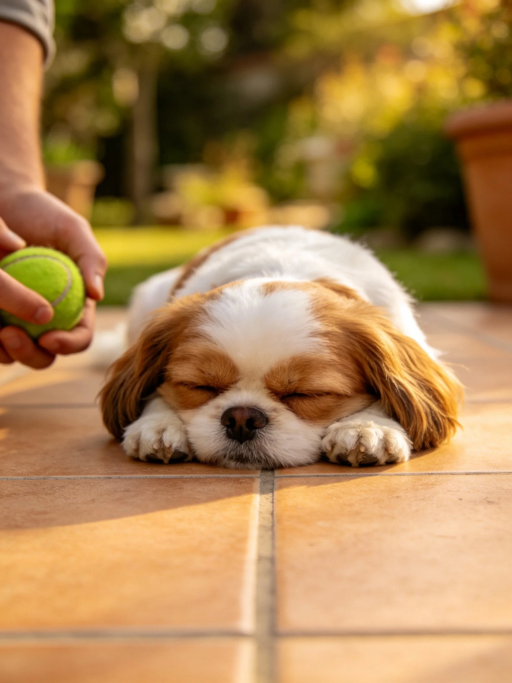 A brown-and-white dog sleeps peacefully beside a bright green tennis ball in an outdoor area.