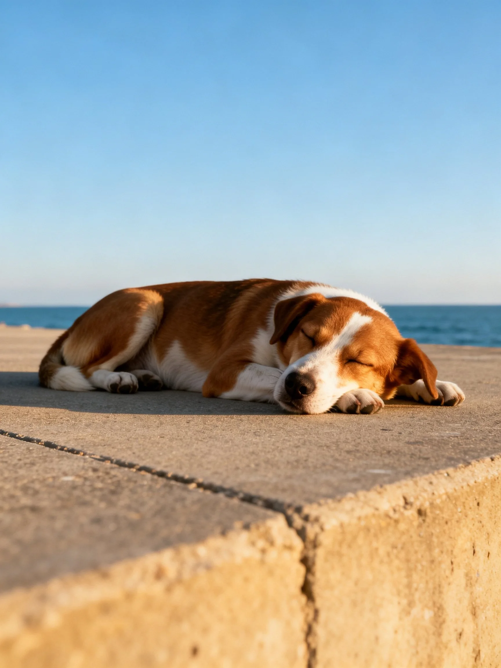 A brown and white dog sleeps on a concrete ledge by the sea