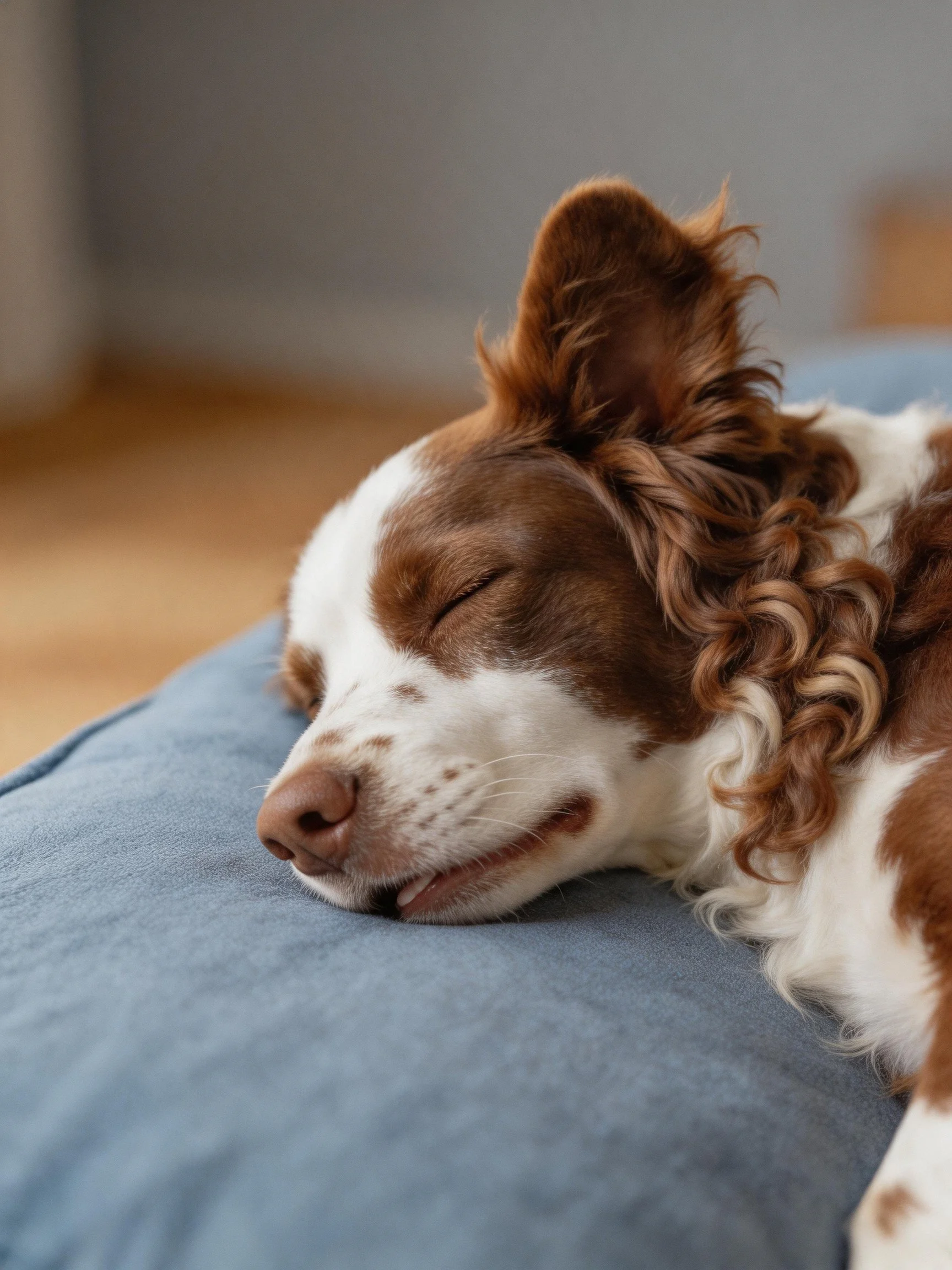 A brown and white dog sleeps on a soft blue cushion