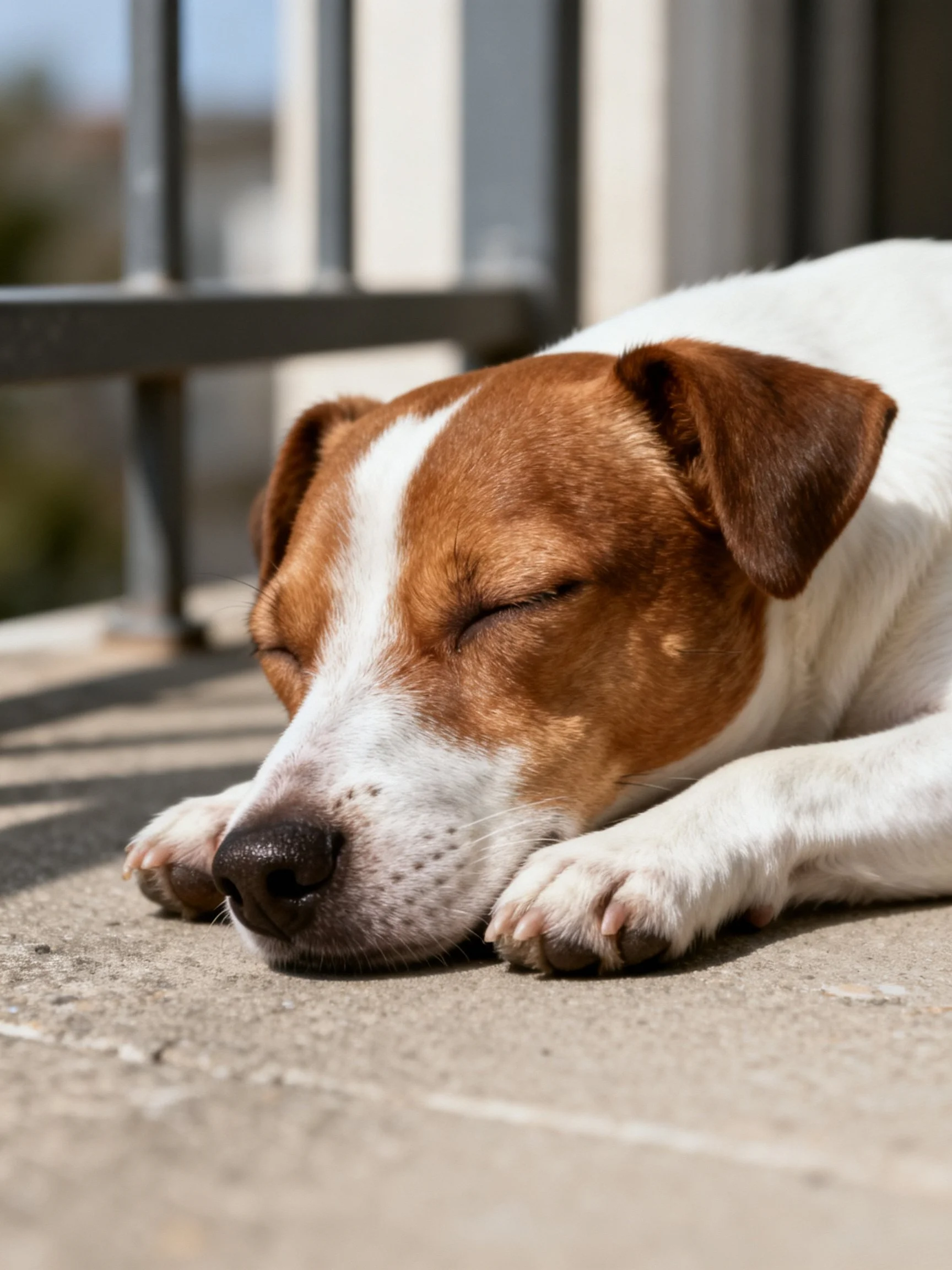 A brown and white dog rests peacefully on a concrete area near metal railings