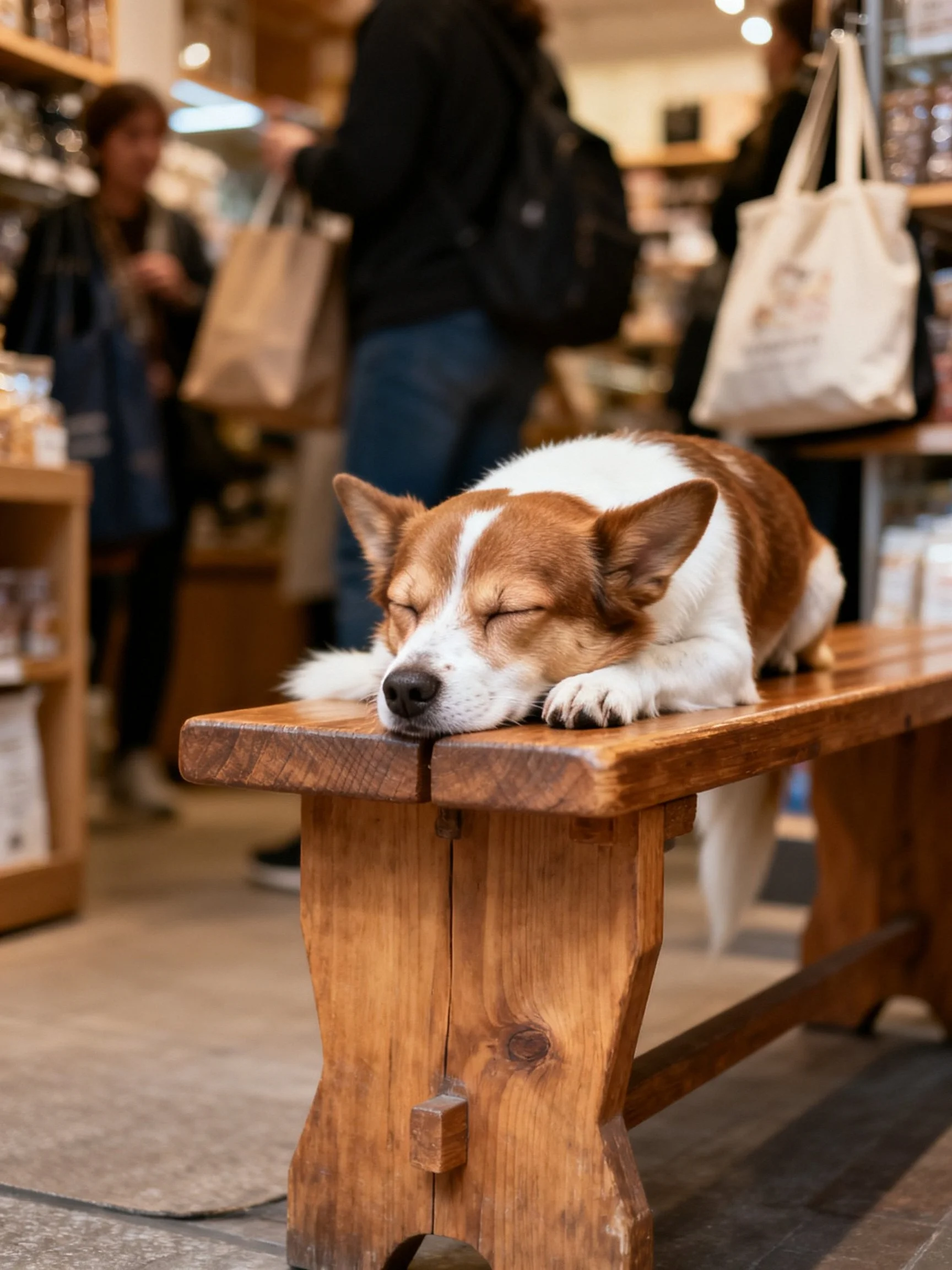A brown and white dog sleeps on a wooden bench in a busy shop