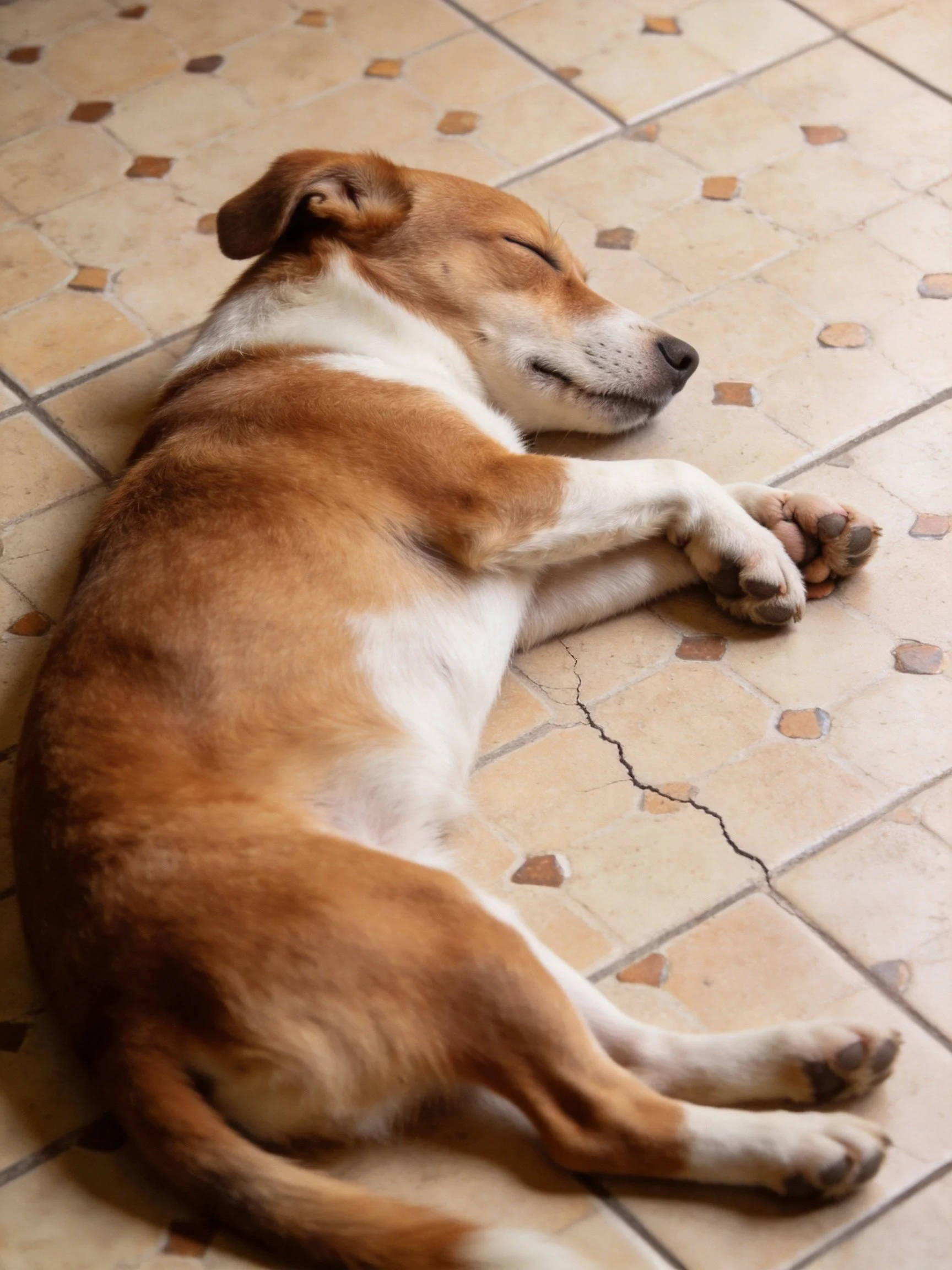 A brown and white dog sleeps on patterned floor tiles